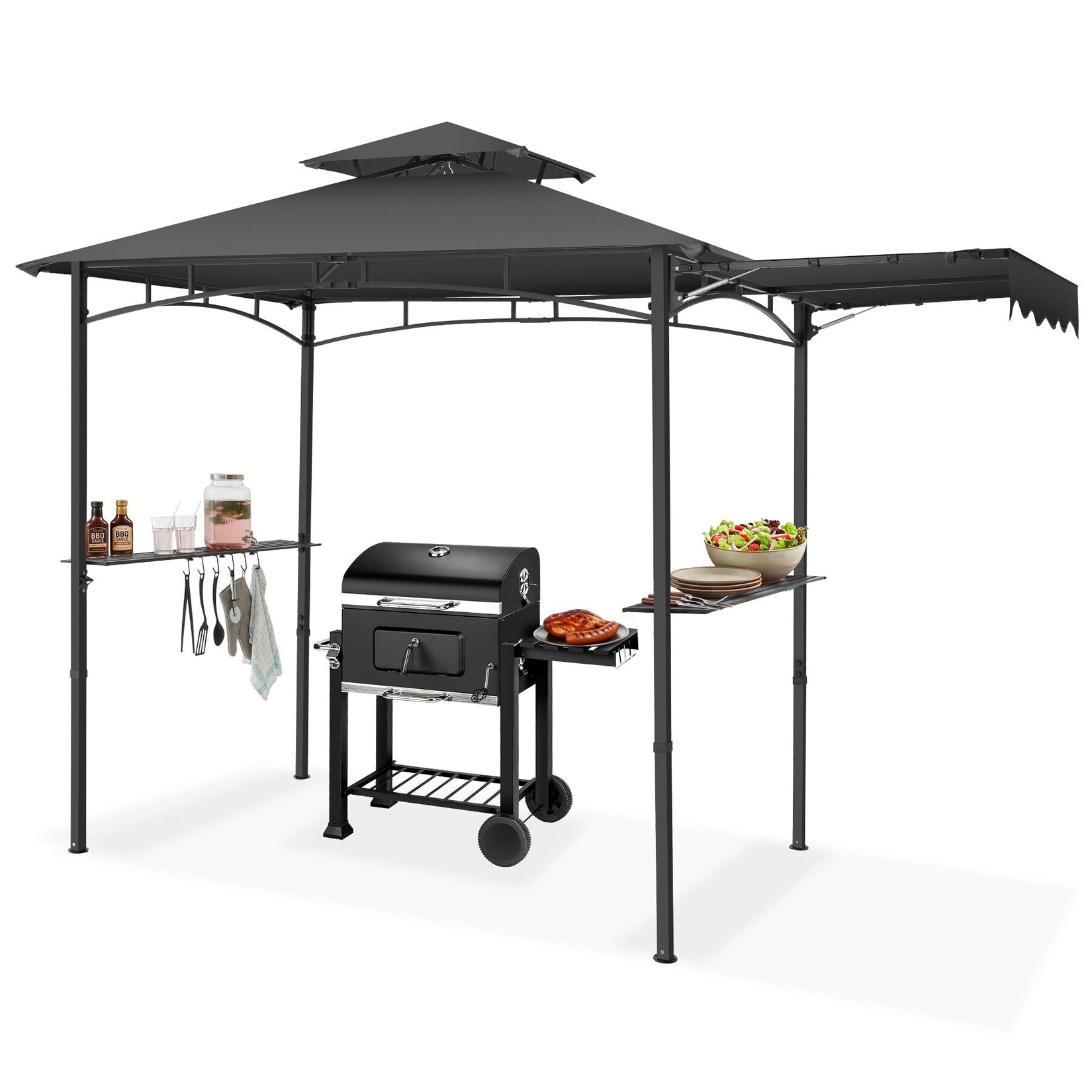 tectake® Grillpavillon, wetterfest mit UV-Schutz, klappbare Markise, seitliche Gitterablagen und 6 Haken, 316 x 150 x 250 cm