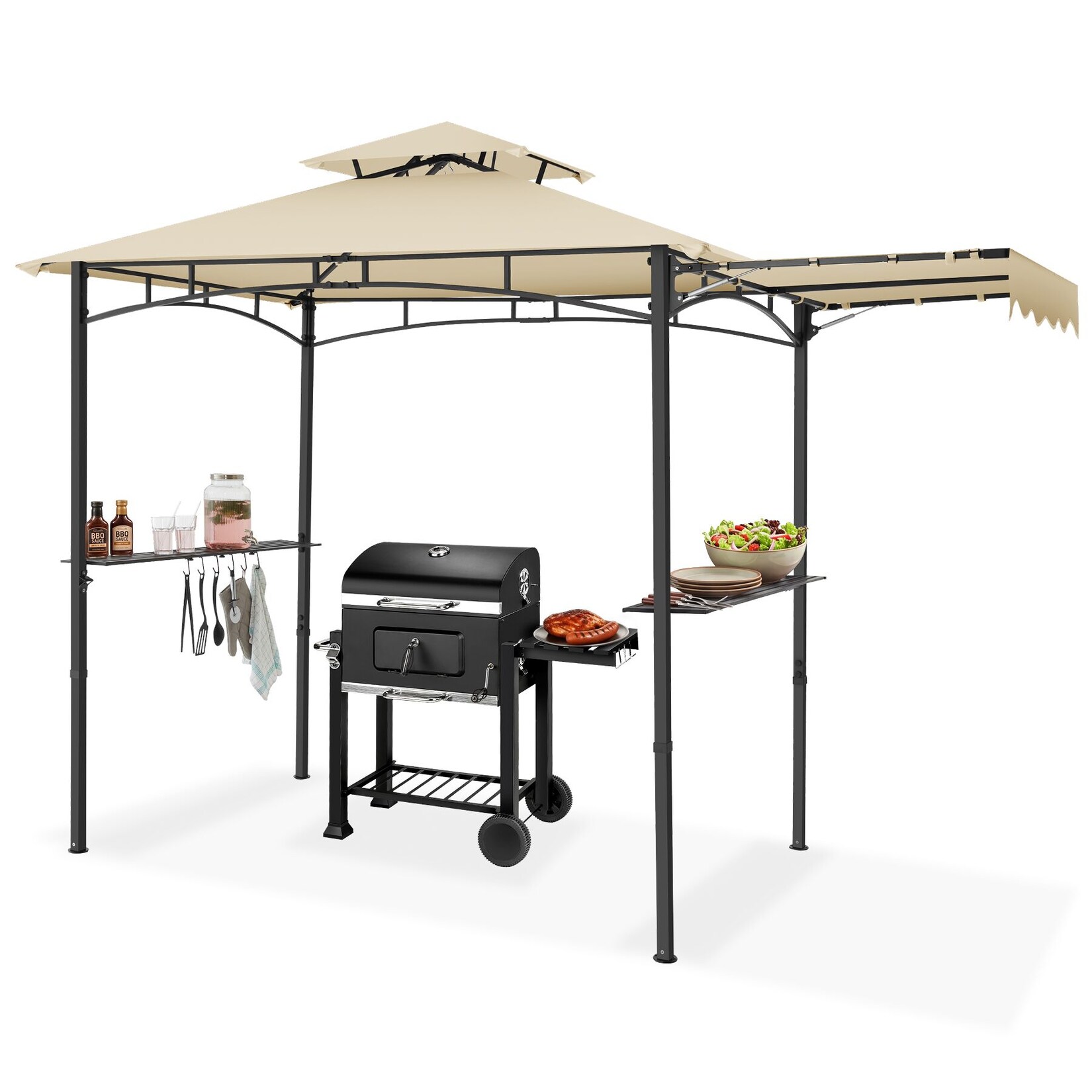 tectake® Grillpavillon, wetterfest mit UV-Schutz, klappbare Markise, seitliche Gitterablagen und 6 Haken, 316 x 150 x 250 cm