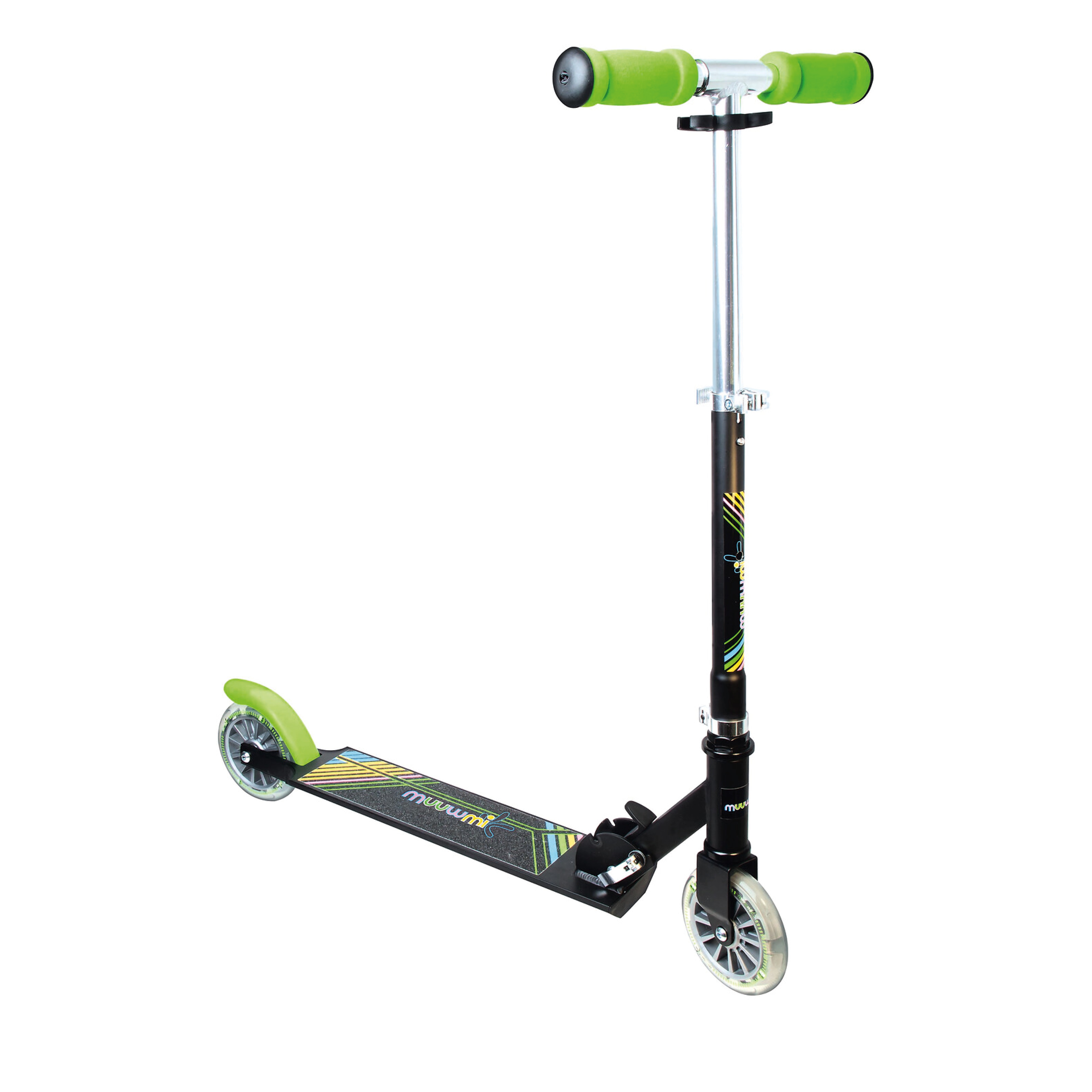 muuwmi Aluminium Scooter Neon &ndash; Tretroller, 125 mm, ABEC 5, GS-gepr&uuml;ft, h&ouml;henverstellbar, LED-Leuchtrollen, gr&uuml;n-schwarz 