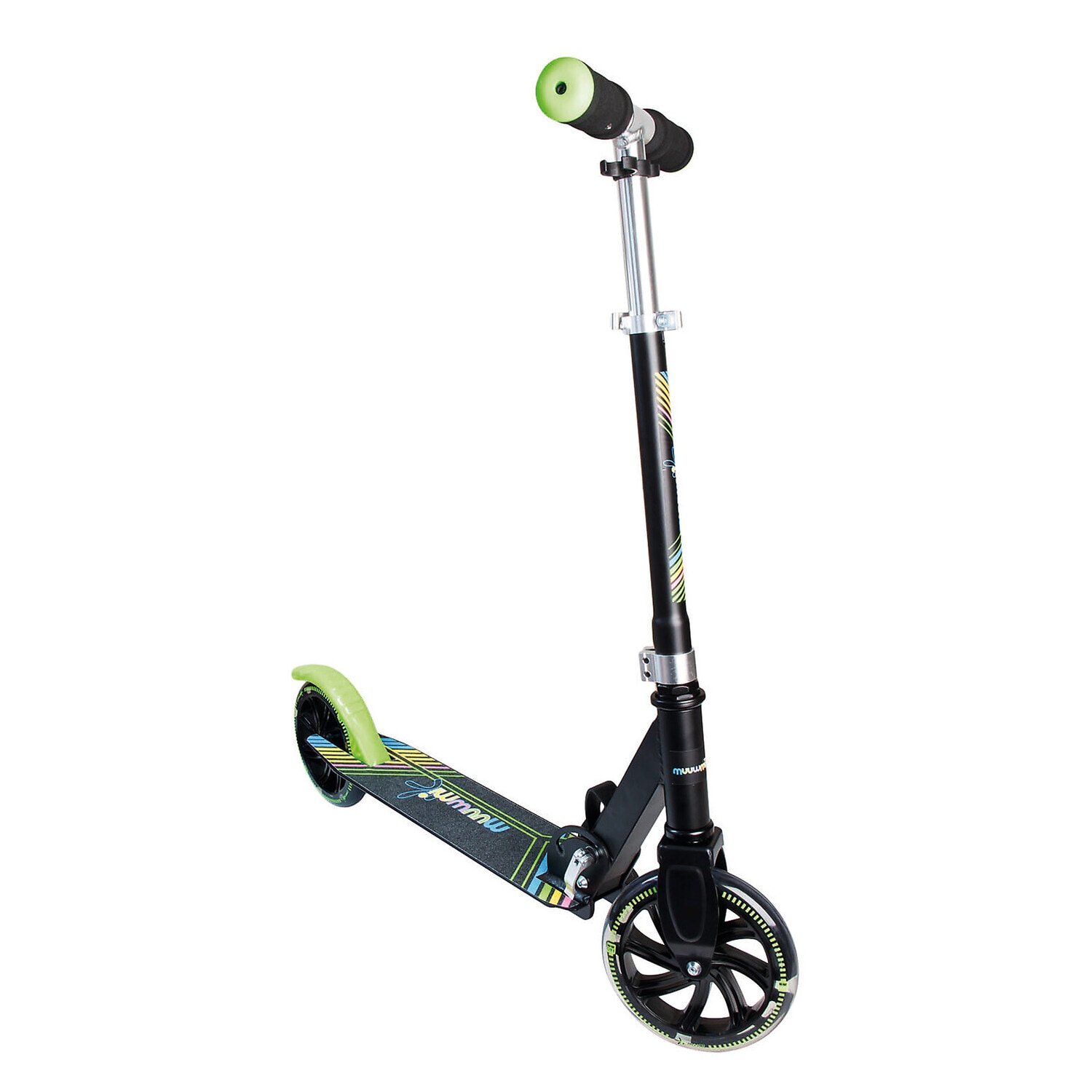 muuwmi Aluminium Scooter Neon &ndash; Tretroller, 180 mm, ABEC 5, GS-gepr&uuml;ft, h&ouml;henverstellbar, LED-Leuchtrollen, gr&uuml;n-schwarz 
