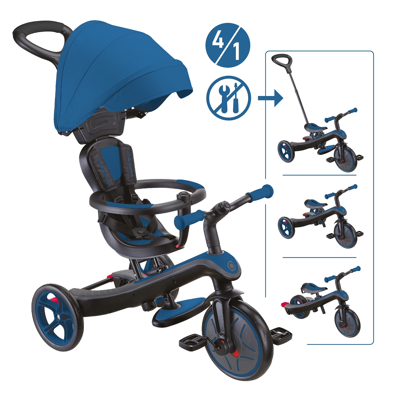 GLOBBER EXPLORER TRIKE 4in1 &ndash; Kinderwagen, Dreirad und Laufrad, 10/8,5 Zoll, TPR-Sitz, h&ouml;henverstellbar, blau 
