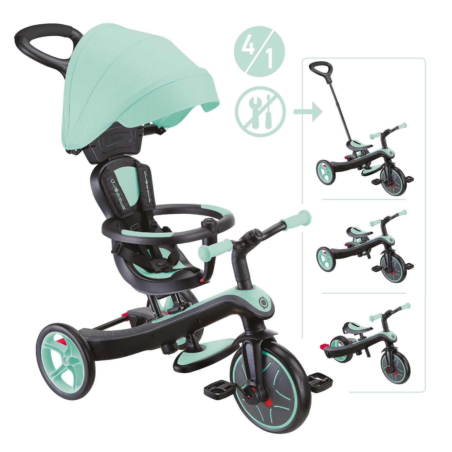 GLOBBER EXPLORER TRIKE 4in1 &ndash; Kinderwagen, Dreirad und Laufrad, 10/8,5 Zoll, TPR-Sitz, h&ouml;henverstellbar, mint 