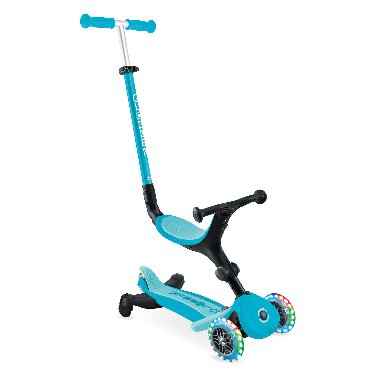 GLOBBER GO-UP ACTIVE LIGHTS 360 &ndash; 3 in 1 Aufsitzrad, Laufrad und Scooter, 120/80 mm, 3-r&auml;drig, h&ouml;henverstellbar, blau 