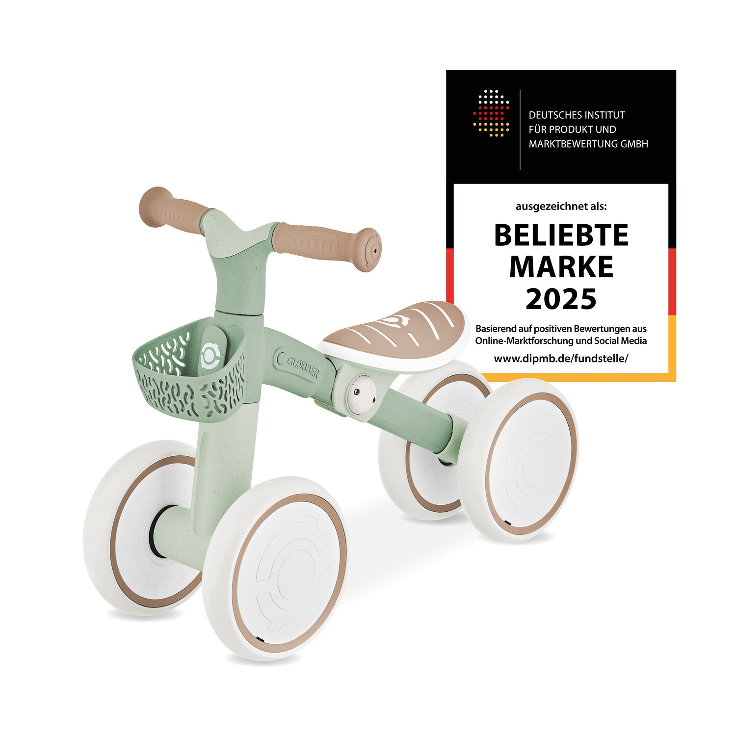 GLOBBER LEARNING BIKE &ndash;  Aufsitzrad, Lernrad, 7 Zoll EVA-Bereifung, 4-r&auml;drig, Sattel h&ouml;henverstellbar, salbei gr&uuml;n 