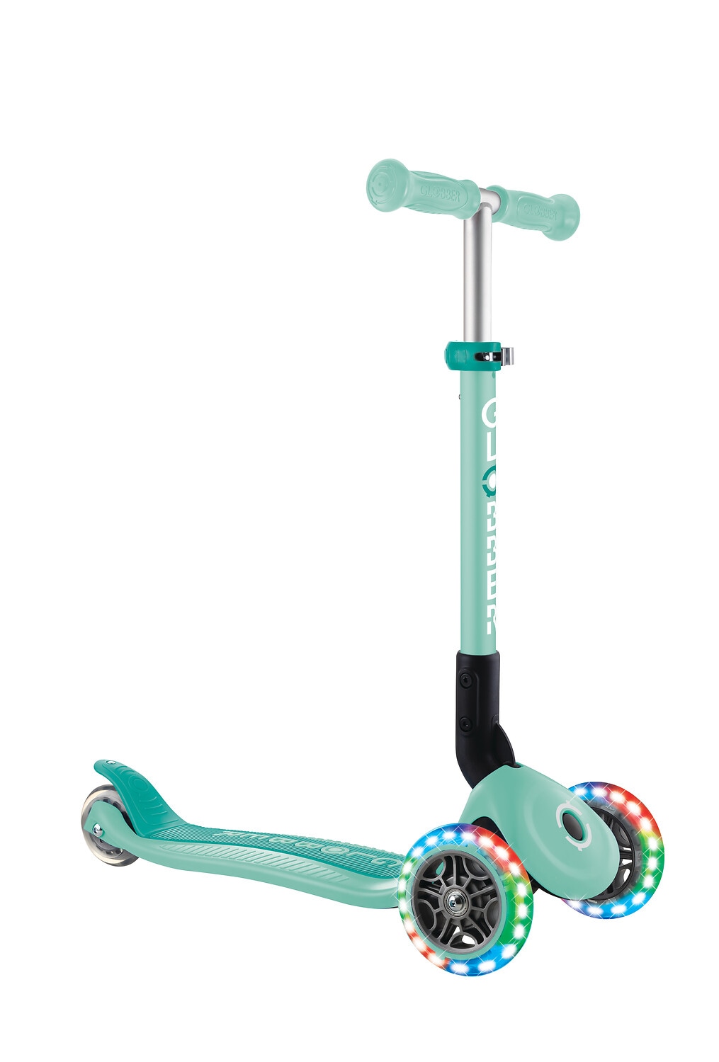 GLOBBER JUNIOR FOLDABLE LIGHTS &ndash; Tretroller, 120/80 mm, ABEC 9, 3-r&auml;drig, LED-Leuchtrollen, mint 