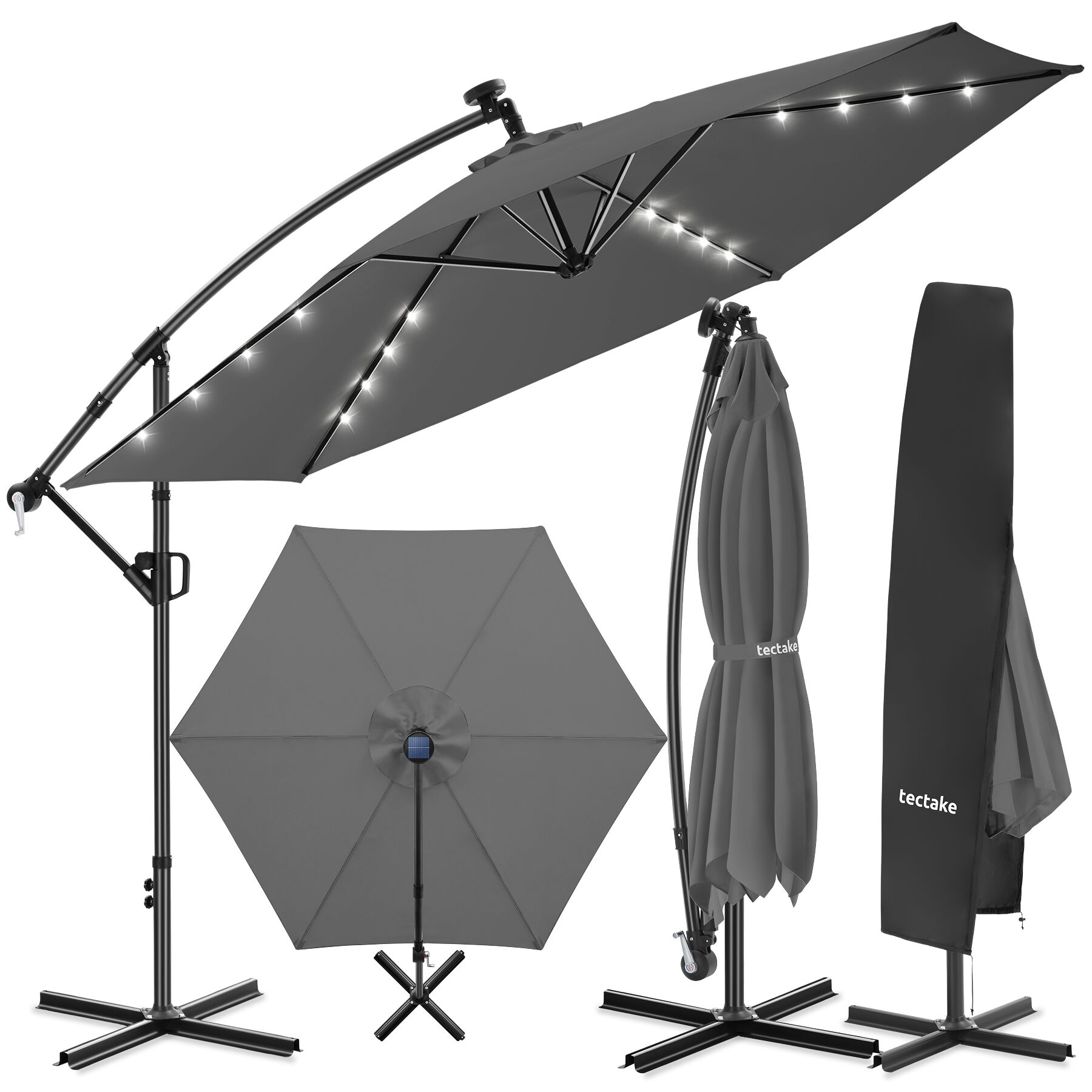 tectake&reg; Ampelschirm, 3,5 x 3,5 m, 360&deg; drehbar, Kurbelmechanismus, mit LED Solar-Beleuchtung, inkl. Schutzh&uuml;lle 
