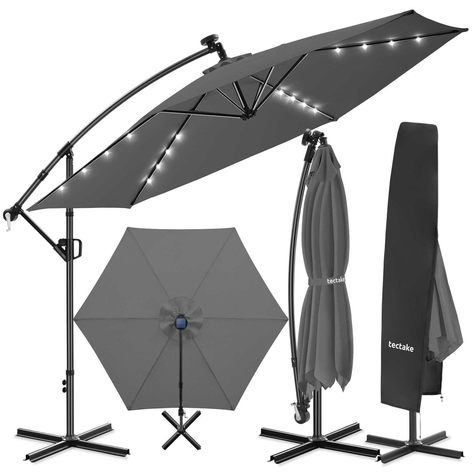 tectake® Ampelschirm, 3,5 x 3,5 m, 360° drehbar, Kurbelmechanismus, mit LED Solar-Beleuchtung, inkl. Schutzhülle