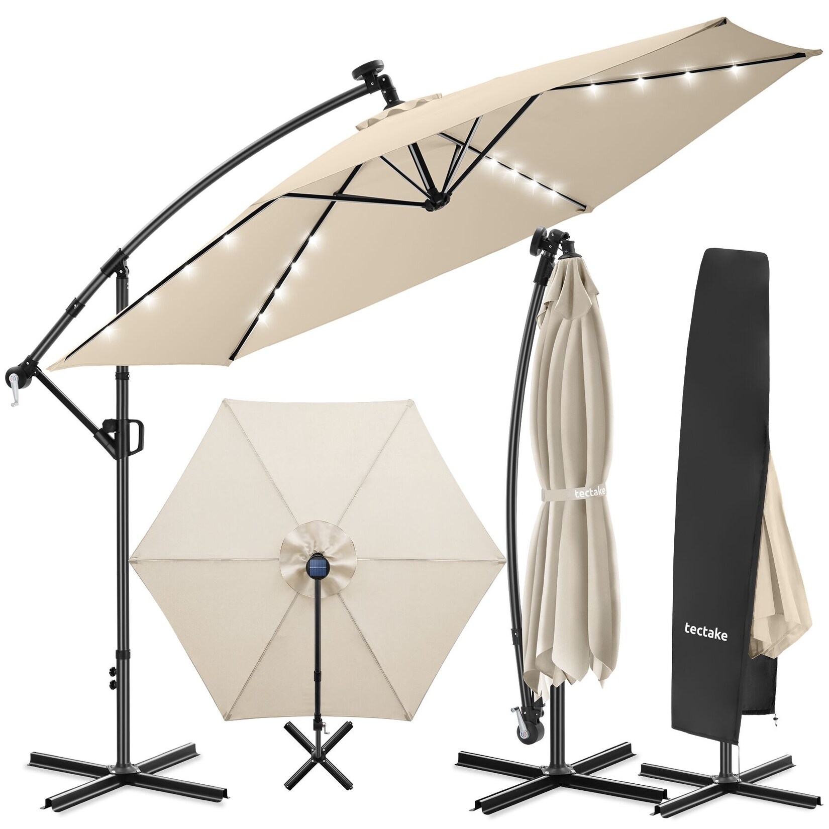 tectake® Ampelschirm, 3,5 x 3,5 m, 360° drehbar, Kurbelmechanismus, mit LED Solar-Beleuchtung, inkl. Schutzhülle