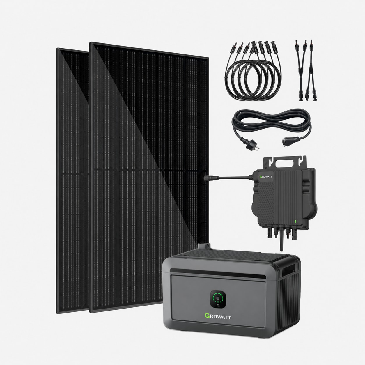 VALE Balkonkraftwerk 900 Wp &ndash; 2x 450 Wp Premium Solarmodul bifazial (Glas+Glas), Growatt NEO 800M-X, Growatt Noah 2000, 5m Anschlusskabel 
