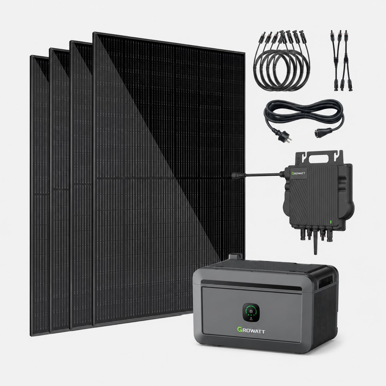 VALE Balkonkraftwerk 1.800 Wp &ndash; 4x 450 Wp Premium Solarmodul bifazial (Glas+Glas), Growatt NEO 800M-X, Growatt Noah 2000, 5m Anschlusskabel 