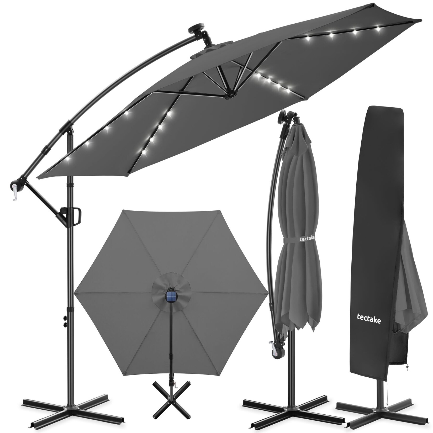 tectake® Ampelschirm, 3 x 3 m, 360° drehbar, Kurbelmechanismus, mit LED Solar-Beleuchtung, inkl. Schutzhülle