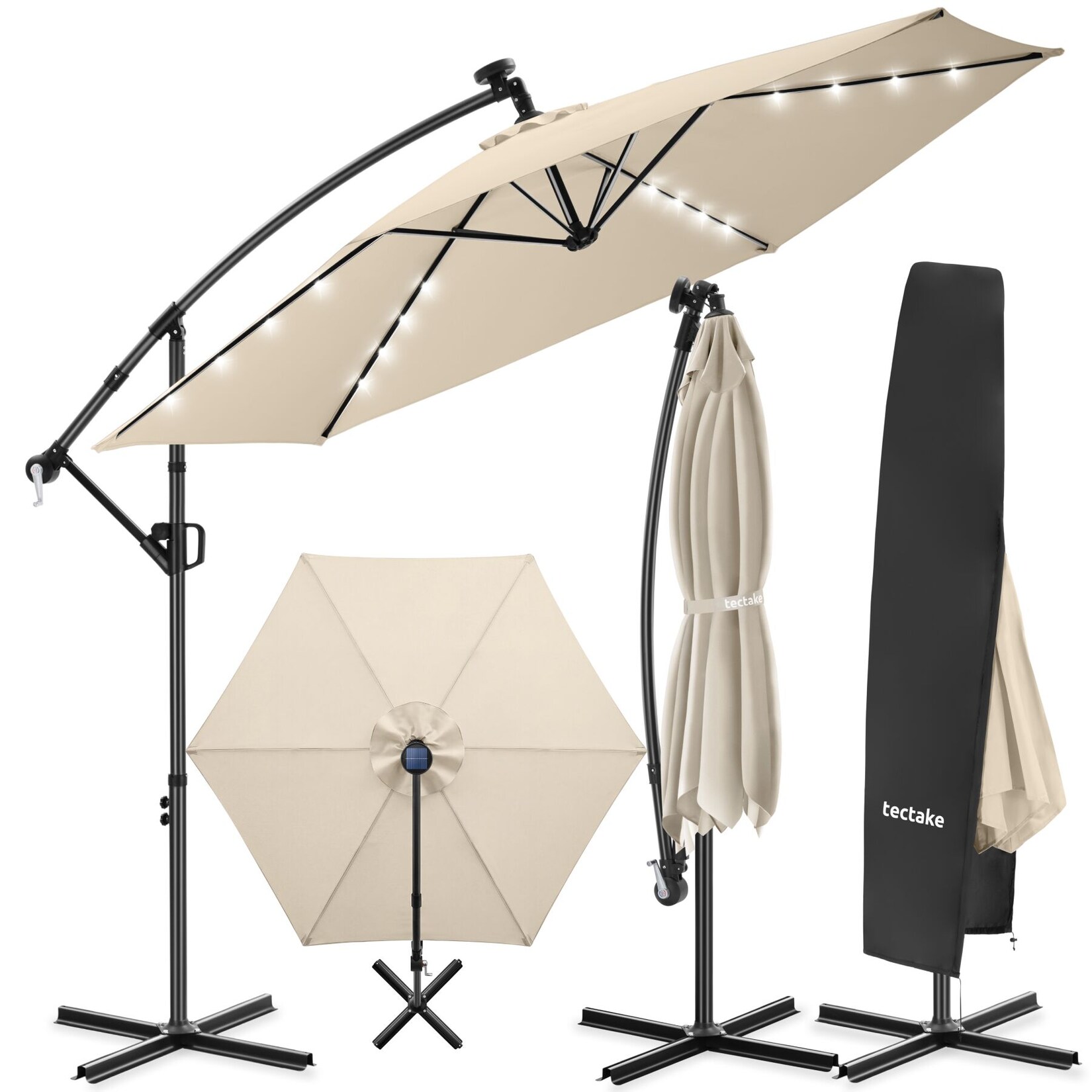 tectake® Ampelschirm, 3 x 3 m, 360° drehbar, Kurbelmechanismus, mit LED Solar-Beleuchtung, inkl. Schutzhülle