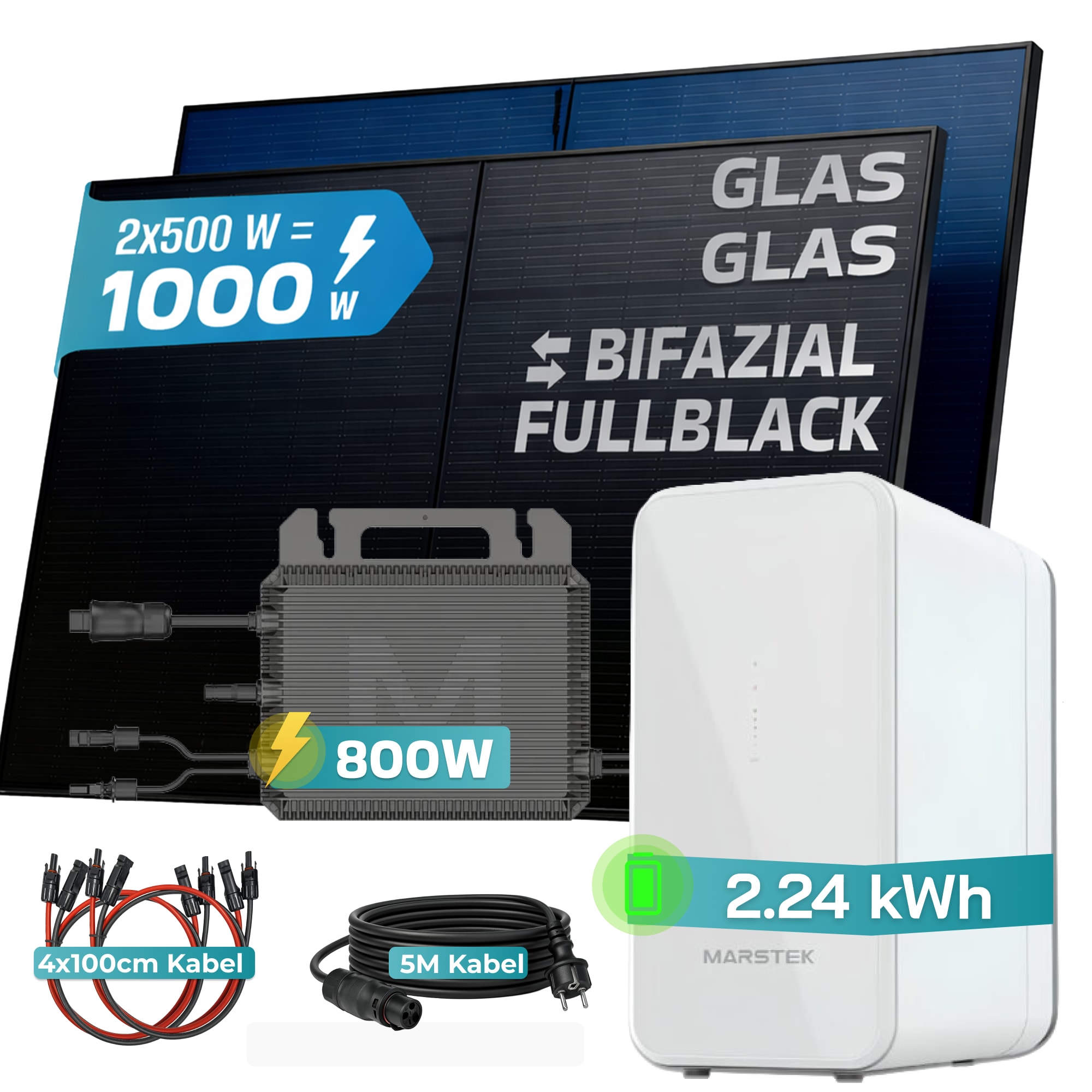 SUNNIVA&reg; 1000W Balkonkraftwerk mit 2,24 kWh Speicher MARSTEK B2500-D, BIFAZIAL FULLBLACK komplett Steckdose, PV Solaranlage Komplettset mit Solarspeicher, 2x 500W N-Type Glas Bifacial Module 