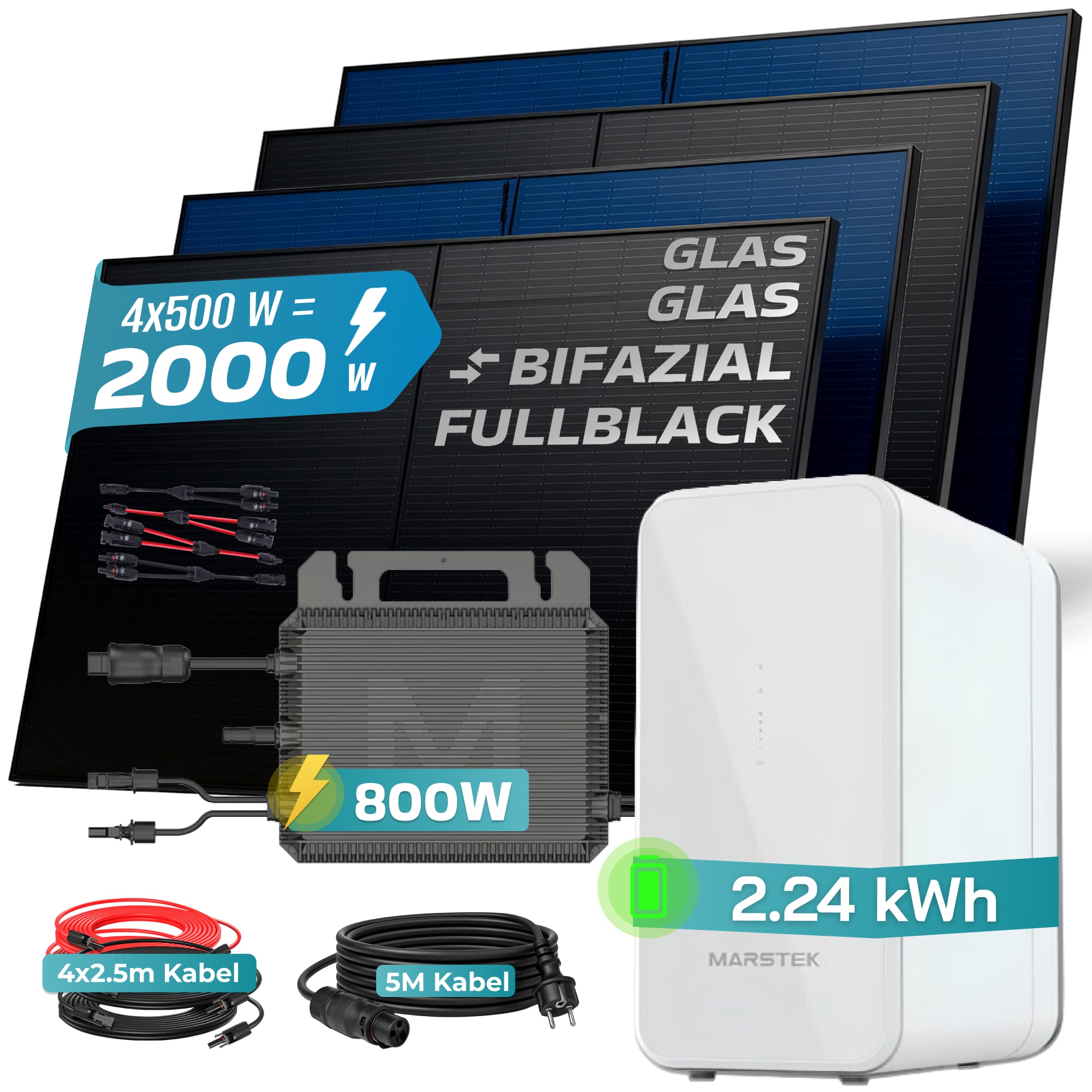 SUNNIVA&reg; 2000W Balkonkraftwerk mit 2,24 kWh Speicher MARSTEK B2500-D, BIFAZIAL FULLBLACK komplett Steckdose, PV Solaranlage Komplettset mit Solarspeicher, 4x 500W N-Type Glas Bifacial Module 