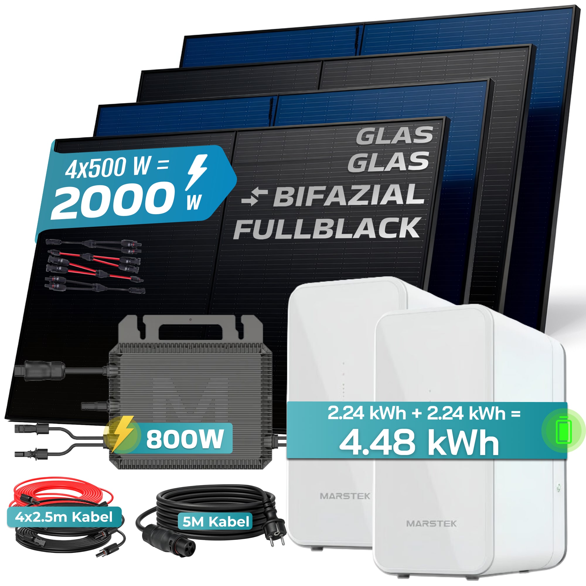 SUNNIVA&reg; 2000W Balkonkraftwerk mit 4.48 kWh Speicher MARSTEK 2x B2500-D, BIFAZIAL FULLBLACK komplett Steckdose, PV Solaranlage Komplettset mit Solarspeicher, 4x 500W N-Type Glas Bifacial Module 