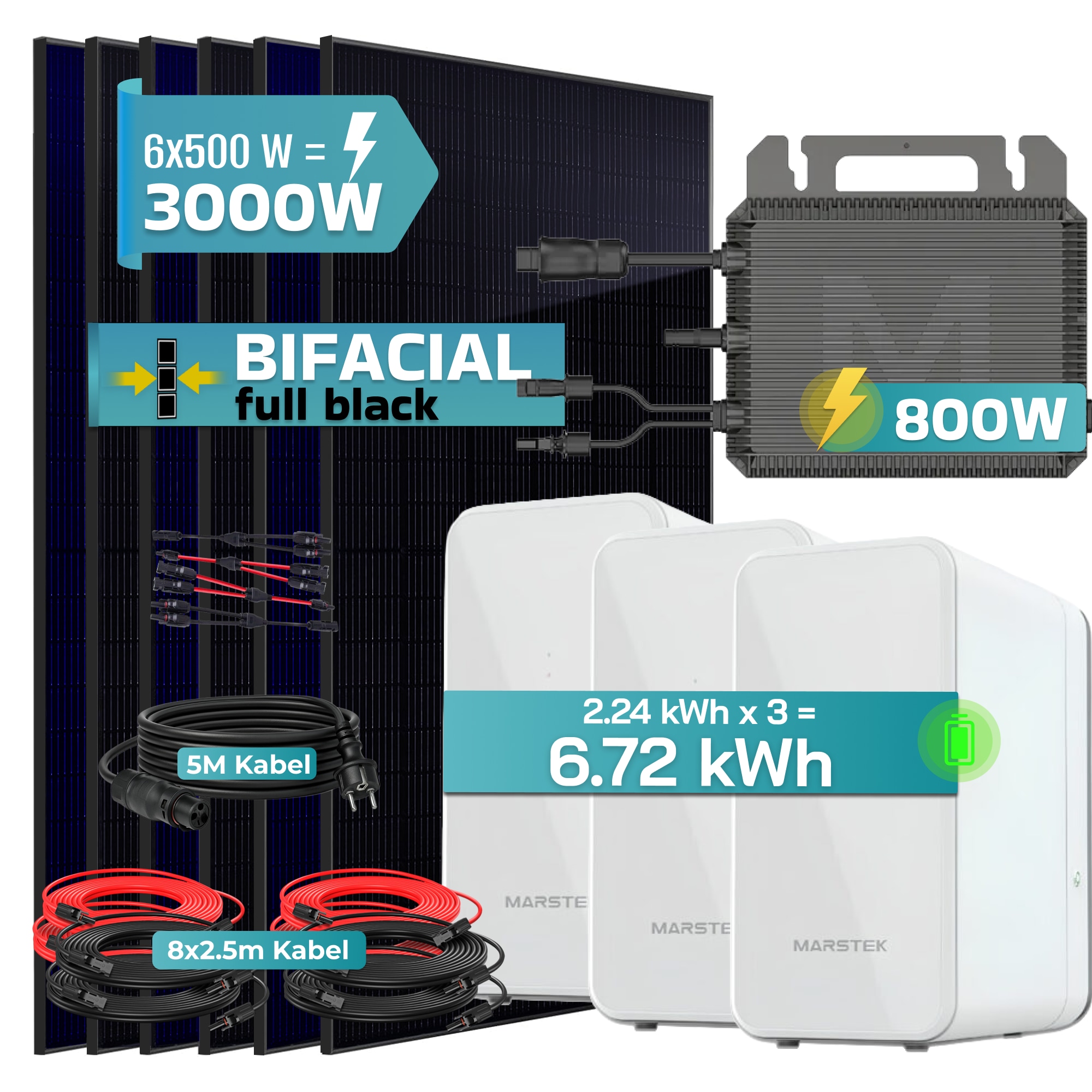 SUNNIVA&reg; 3000W Balkonkraftwerk mit 6,72 kWh Speicher MARSTEK 3x B2500-D, BIFAZIAL FULLBLACK komplett Steckdose, PV Solaranlage Komplettset mit Solarspeicher, 6x 500W N-Type Glas Bifacial Module 