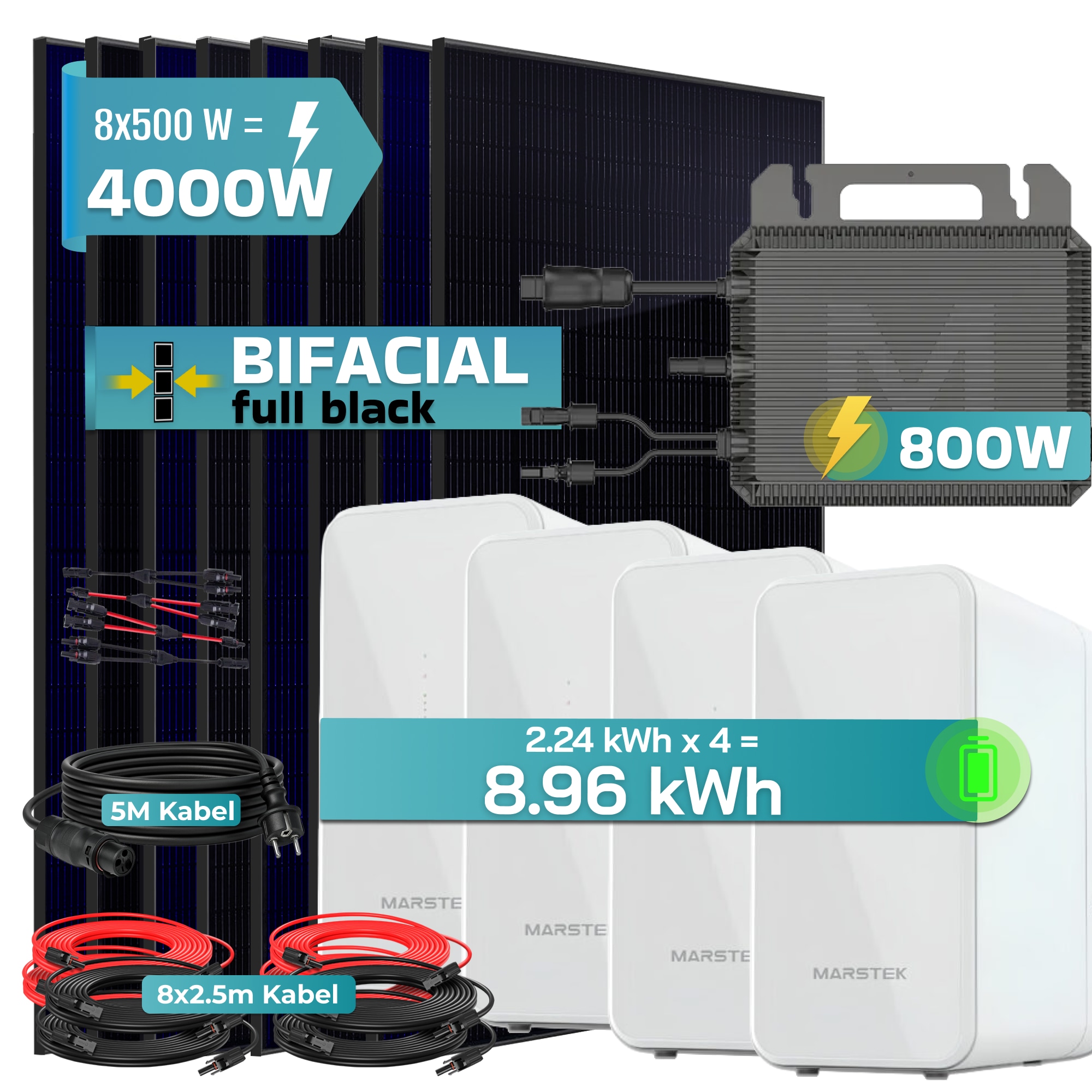 SUNNIVA&reg; 4000W Balkonkraftwerk mit 8,96 kWh Speicher MARSTEK 4x B2500-D, BIFAZIAL FULLBLACK komplett Steckdose, PV Solaranlage Komplettset mit Solarspeicher, 8x 500W N-Type Glas Bifacial Module 