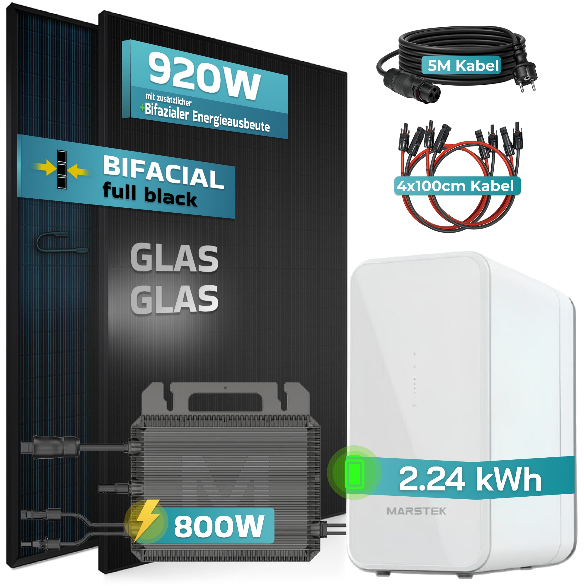 SUNNIVA&reg; 920W Balkonkraftwerk mit 2,24 kWh Speicher Marstek B2500-D, BIFAZIAL FULLBLACK komplett Steckdose, PV Solaranlage Komplettset mit Solarspeicher, 2x 460W N-Type Glas-Glas Bifacial Module 