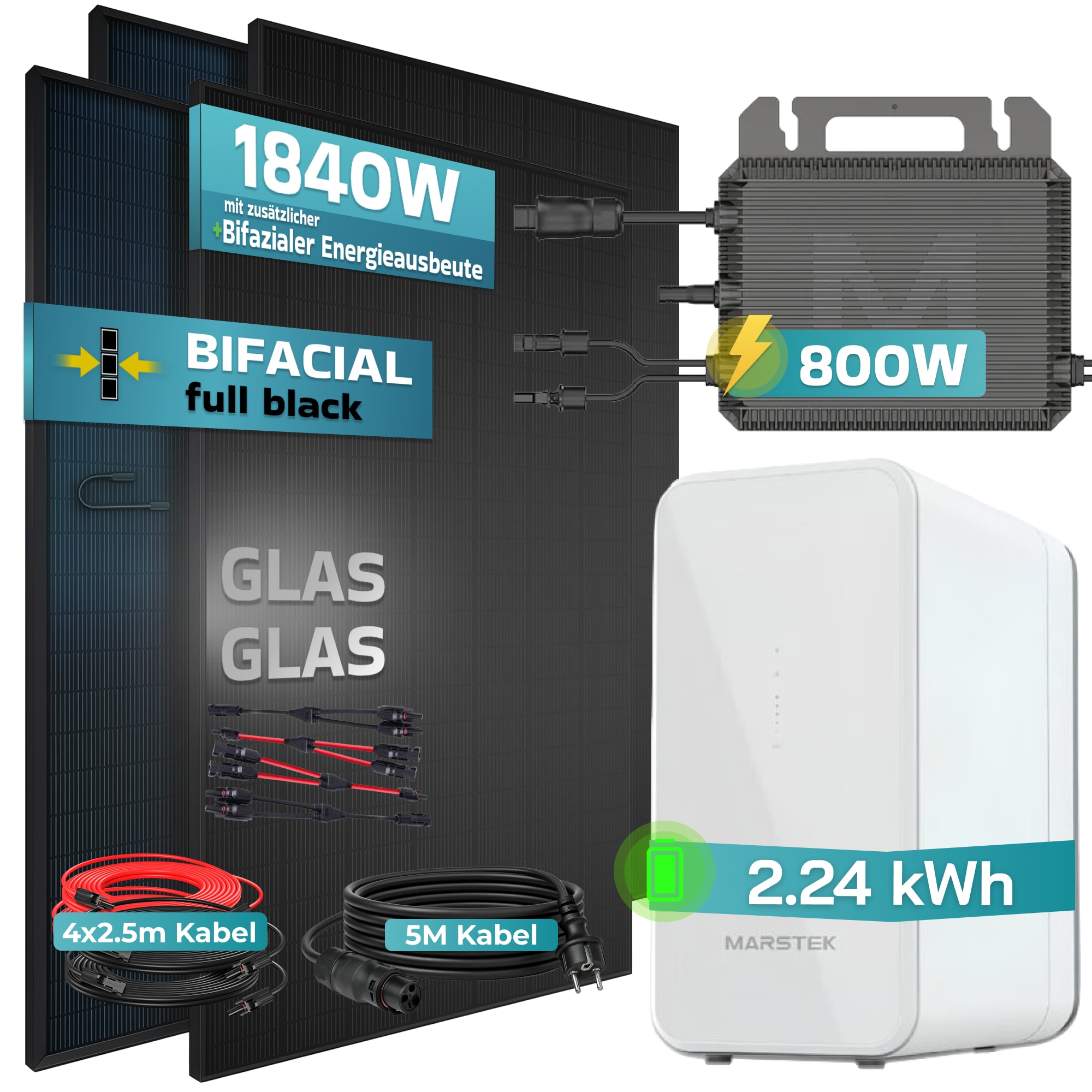 SUNNIVA&reg; 1840W Balkonkraftwerk mit 2,24 kWh Speicher Marstek B2500-D, BIFAZIAL FULLBLACK komplett Steckdose, PV Solaranlage Komplettset mit Solarspeicher, 4x 460W N-Type Glas-Glas Bifacial Module 