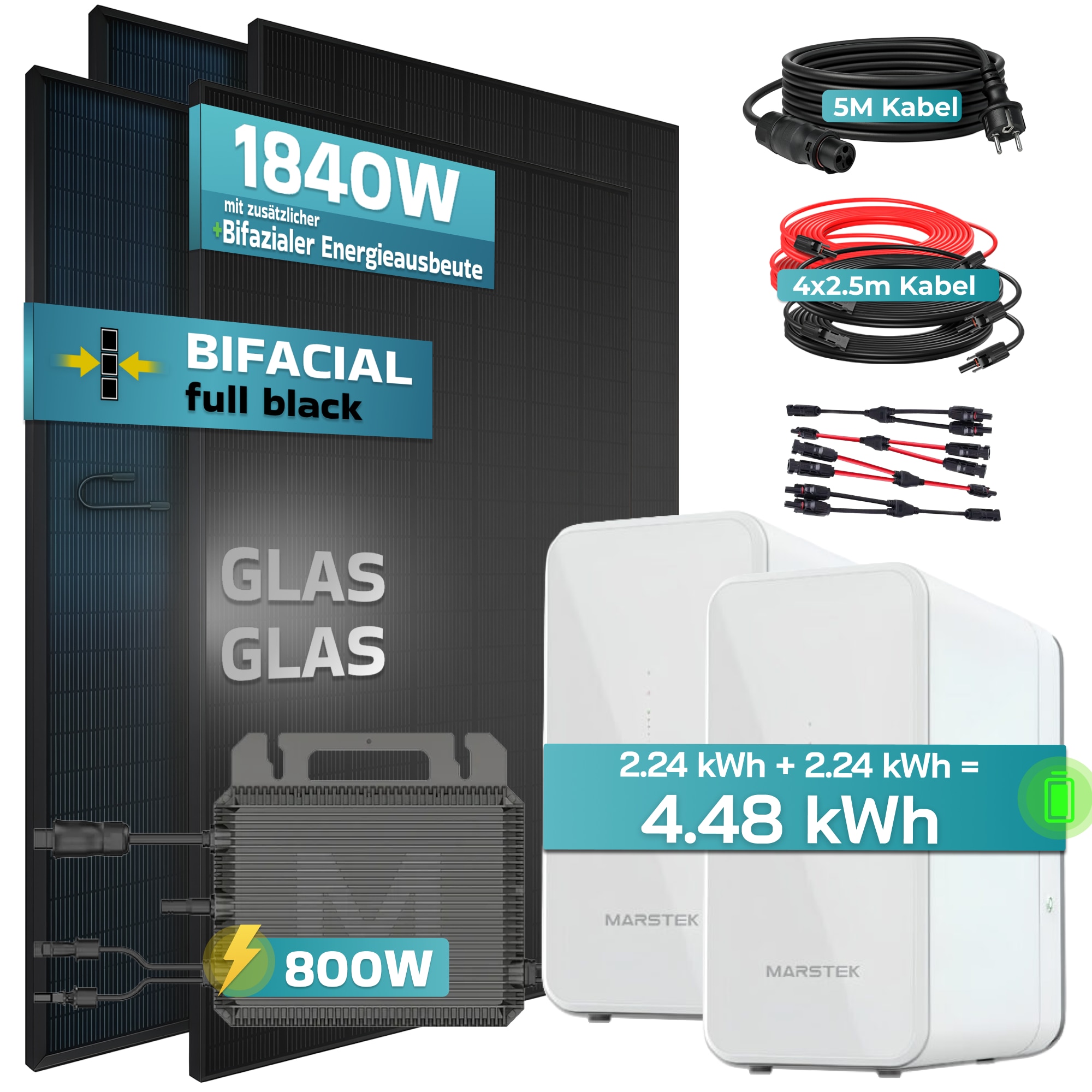 SUNNIVA&reg; 1840W Balkonkraftwerk mit 4.48 kWh Speicher Marstek 2x B2500-D, BIFAZIAL FULLBLACK komplett Steckdose, PV Solaranlage Komplettset mit Solarspeicher, 4x 460W N-Type Glas-Glas Bifacial Module 