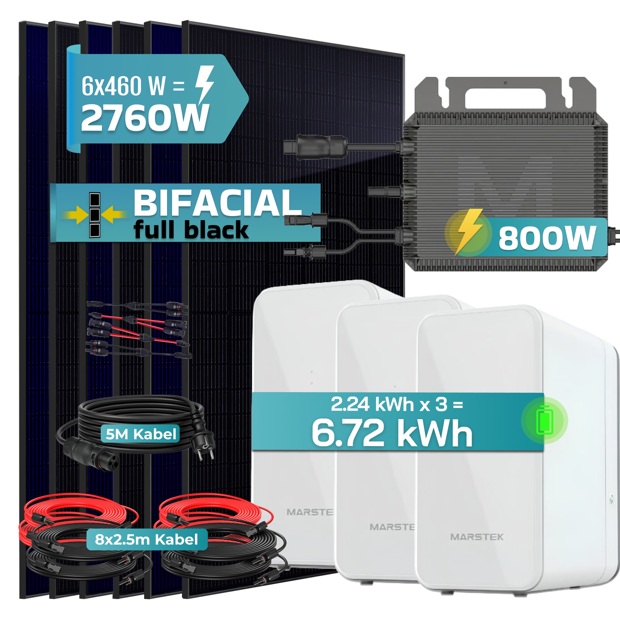 SUNNIVA&reg; 2760W Balkonkraftwerk mit 6,72 kWh Speicher Marstek 3x B2500-D, BIFAZIAL FULLBLACK komplett Steckdose, PV Solaranlage Komplettset mit Solarspeicher, 6x 460W N-Type Glas-Glas Bifacial Module 