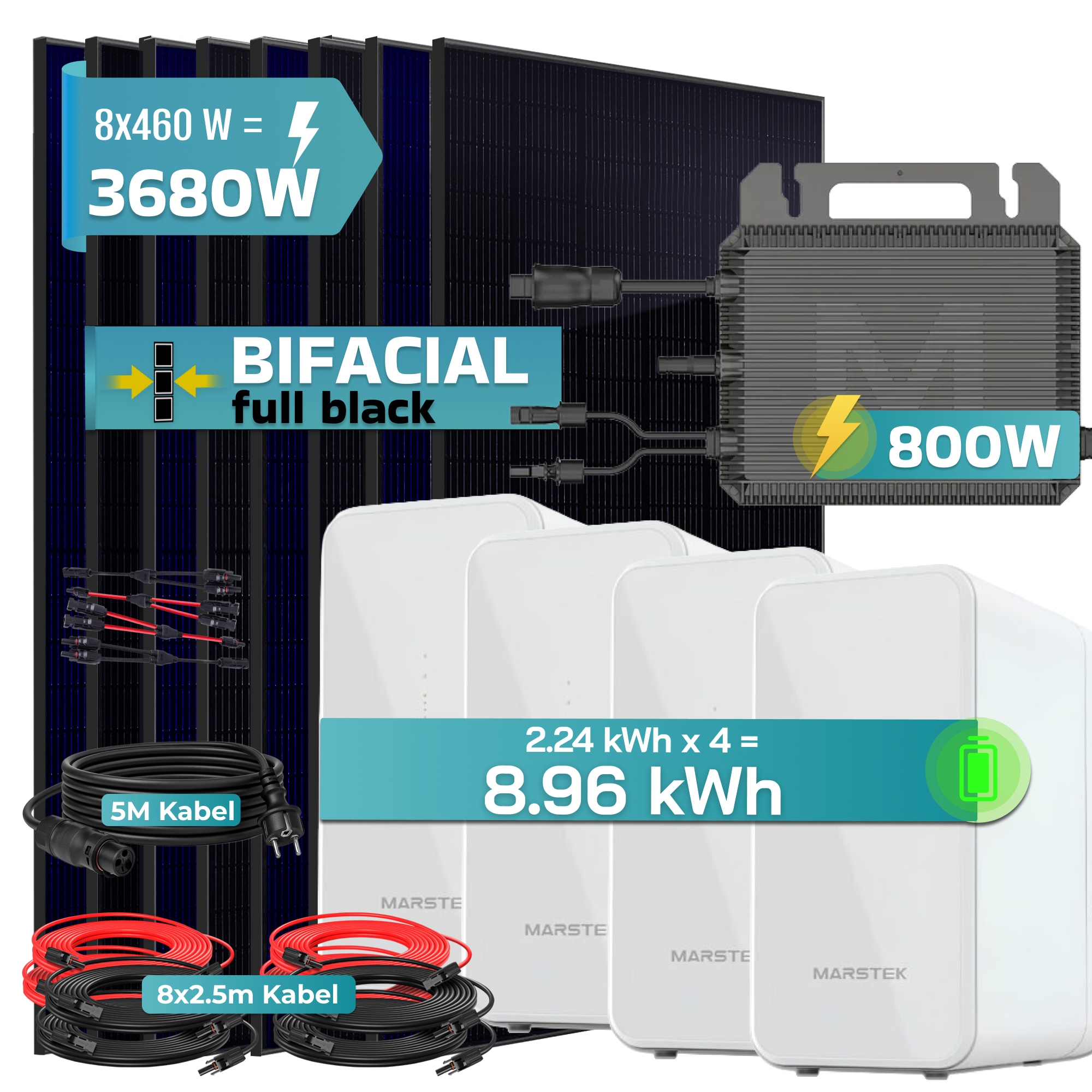 SUNNIVA&reg; 3680W Balkonkraftwerk mit 8,96 kWh Speicher Marstek 4x B2500-D, BIFAZIAL FULLBLACK komplett Steckdose, PV Solaranlage Komplettset mit Solarspeicher, 8x 460W N-Type Glas-Glas Bifacial Module 