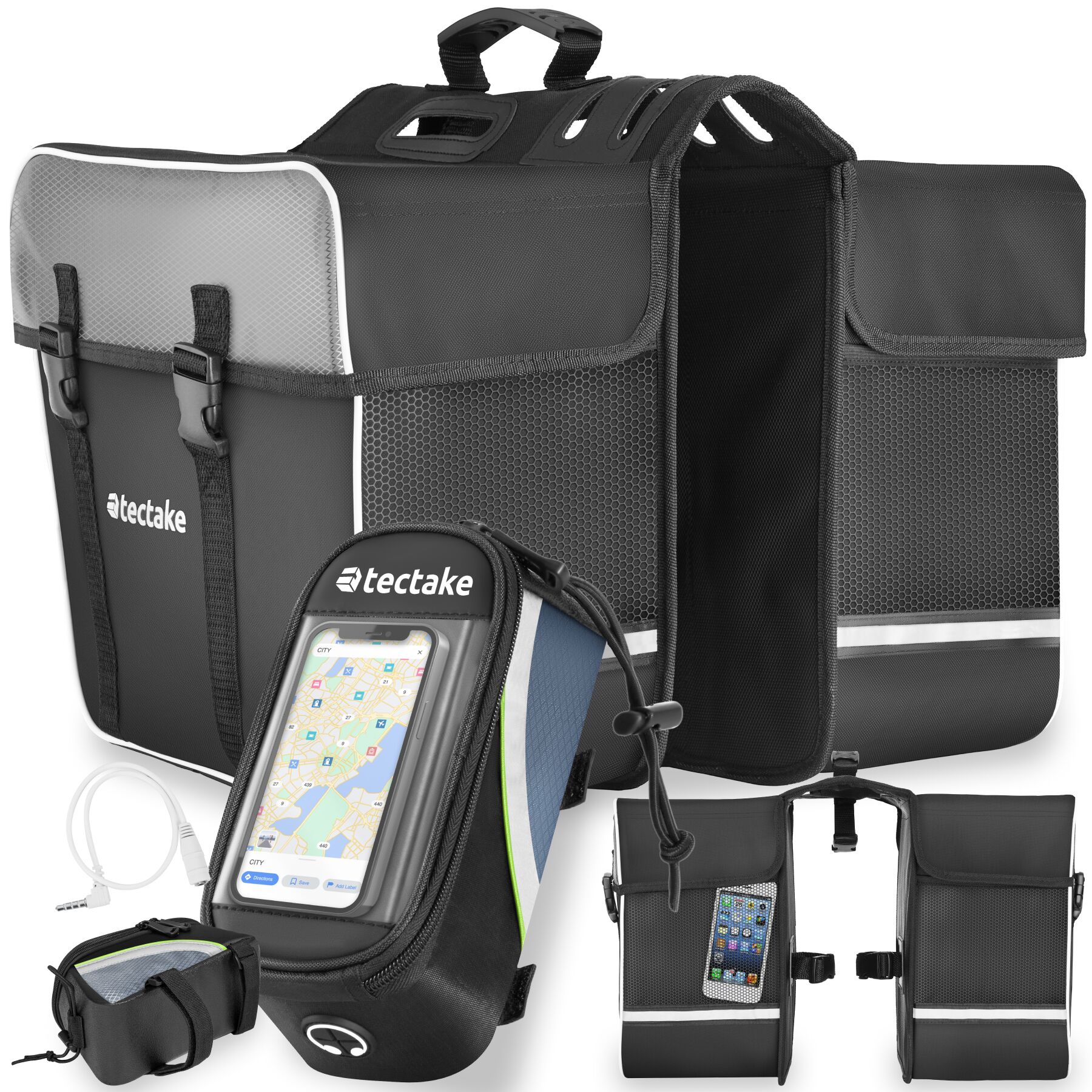 tectake&reg; Set Fahrradtasche Georg und Fahrradrahmentasche, gro&szlig;e Fahrradtasche mit 2 F&auml;chern, Schnallenverschluss, Tragegriff und Reflektorstreifen, wasserabweisend und robust 