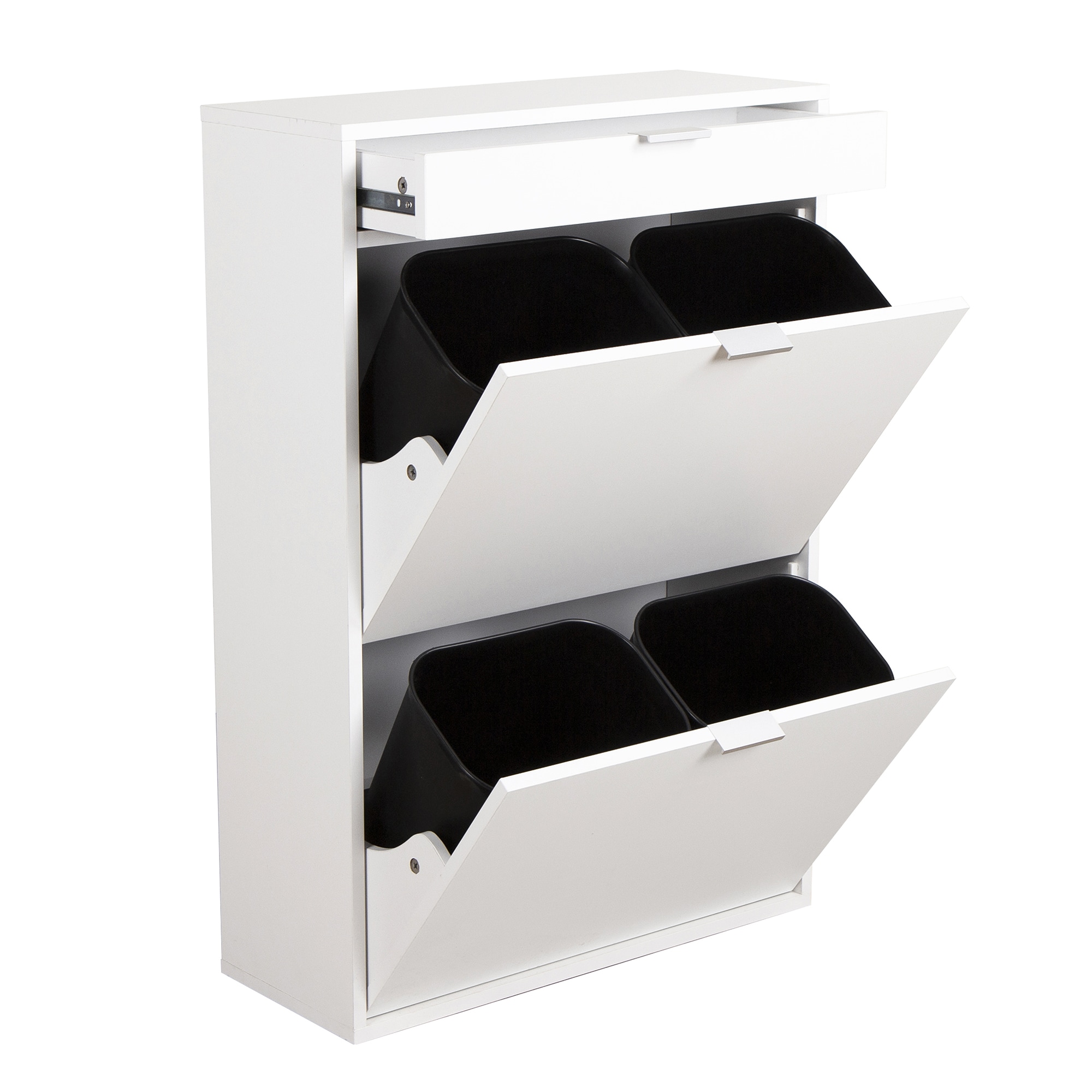 Happy Home Mehrzweckschrank M&uuml;lltrenner platzsparend M&uuml;lltrennsystem mit 4 entnehmbaren Inneneimern aus MDF Wei&szlig; 60 x 25 x 90 cm HEI03-WEI 