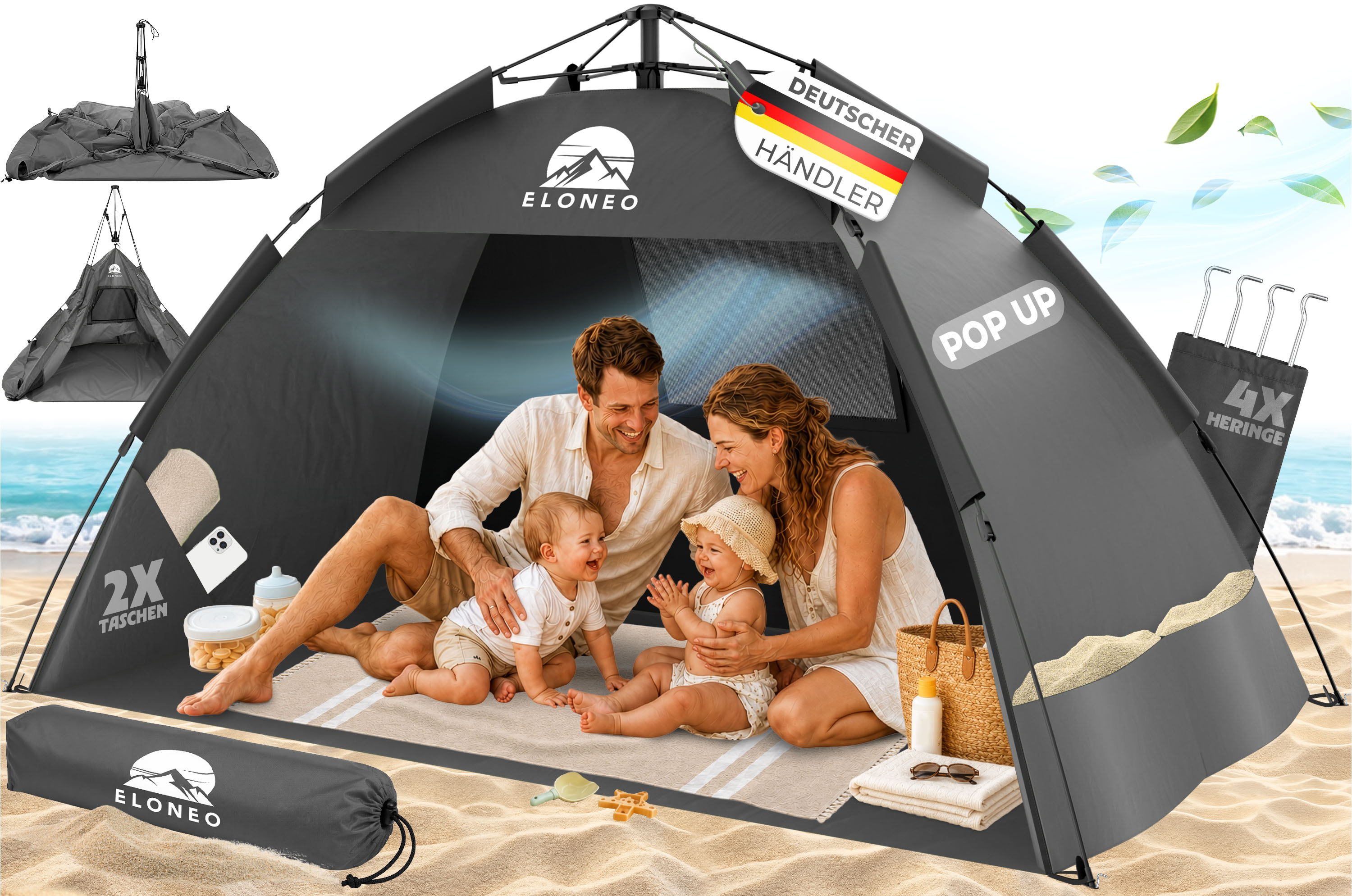 ELONEO Pop Up Strandmuschel UV Schutz 80+, Leichter Aufbau und kleines Packma&szlig; inkl. Tragetasche, Strand Sonnenschutz & Windschutz f&uuml;r Babys und Erwachsene, Grau, 190x100x110 cm 