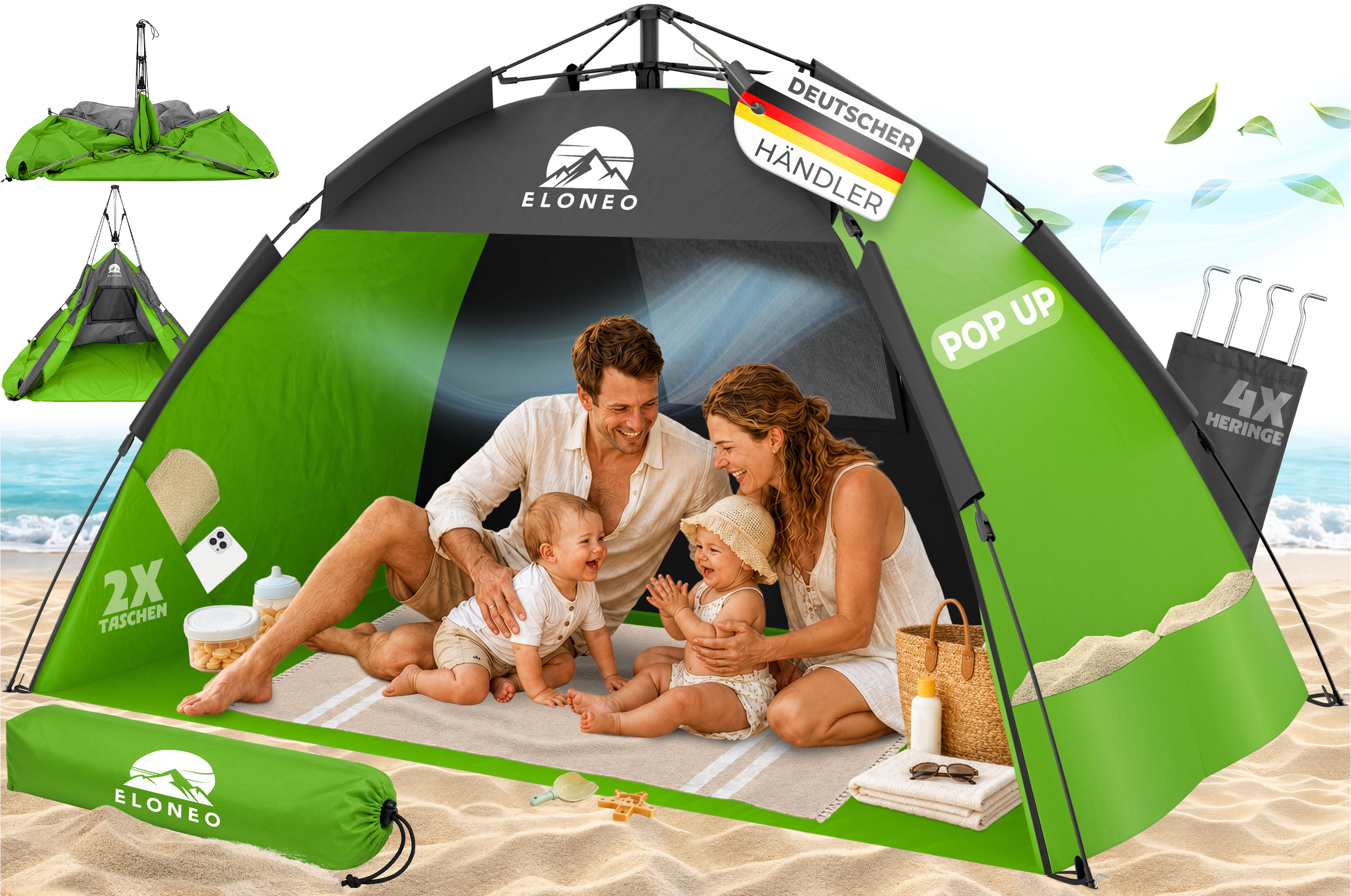 ELONEO Pop Up Strandmuschel UV Schutz 80+, Leichter Aufbau und kleines Packma&szlig; inkl. Tragetasche, Strand Sonnenschutz & Windschutz f&uuml;r Babys und Erwachsene, Gr&uuml;n, 190x100x110 cm 