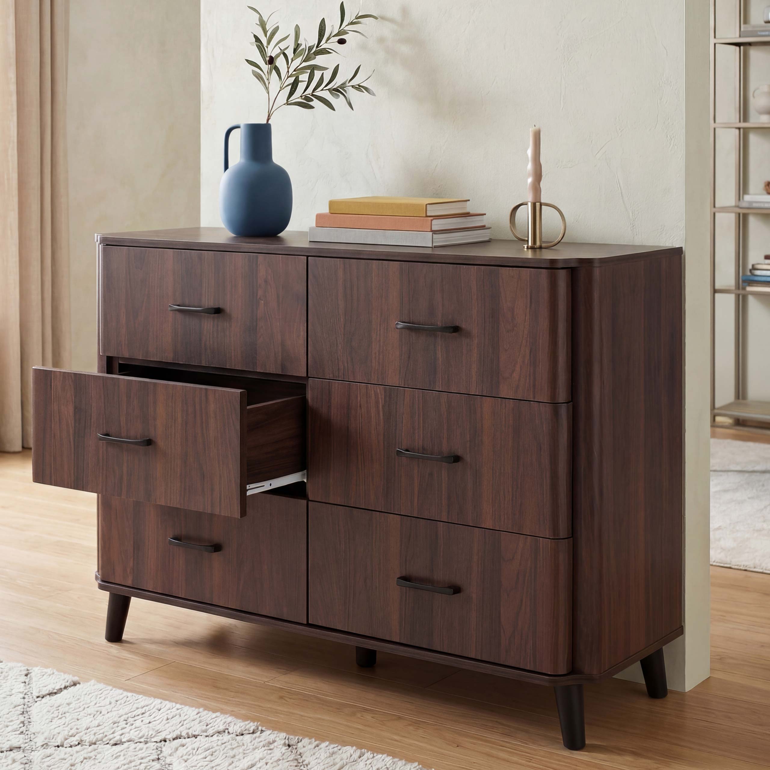 Kommode MCW-P42, Sideboard Schrank Anrichte, 6 Schubladen 86x120x40cm ~ Walnuss-Optik 