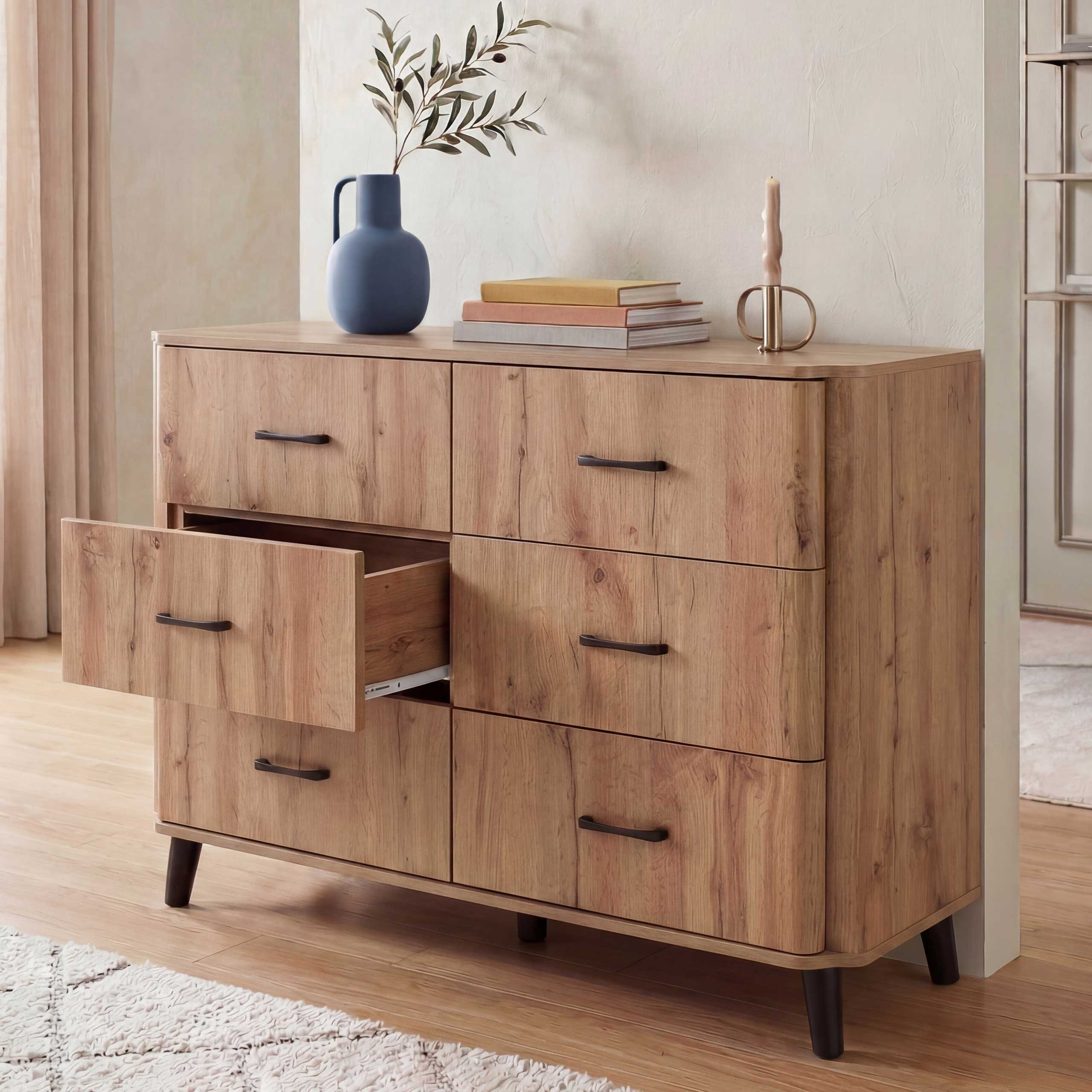 Kommode MCW-P42, Sideboard Schrank Anrichte, 6 Schubladen 86x120x40cm ~ Wotan-Eiche-Optik 