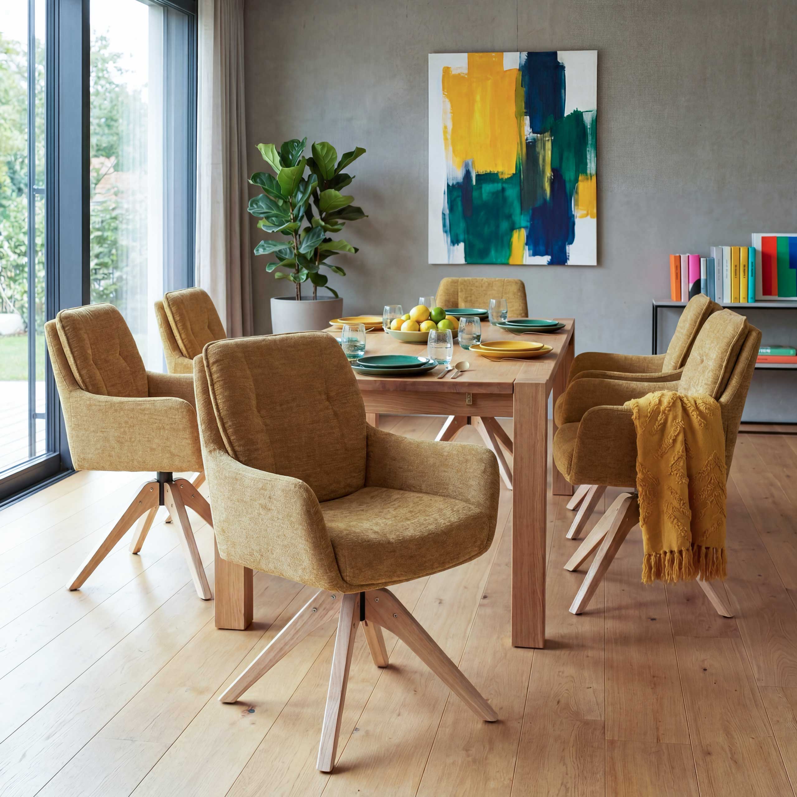 6er-Set Esszimmerstuhl MCW-Q37, K&uuml;chenstuhl drehbar Auto-Return, Stoff (680g/m&sup2;) Chenille &Ouml;ko-Tex Holz MVG ~ senfgelb 