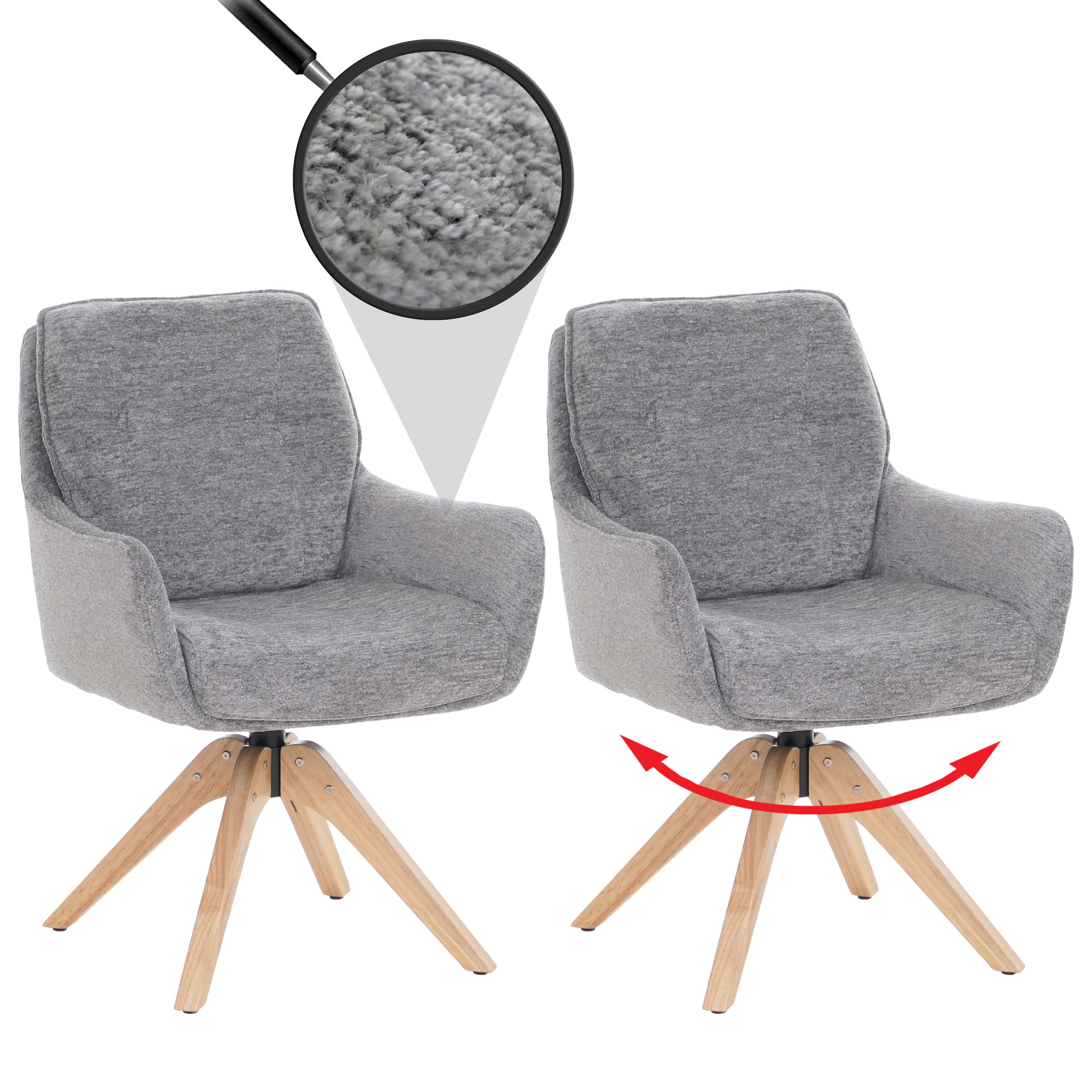 2er-Set Esszimmerstuhl MCW-Q37, K&uuml;chenstuhl drehbar Auto-Return, Stoff (680g/m&sup2;) Chenille &Ouml;ko-Tex Holz MVG ~ grau 