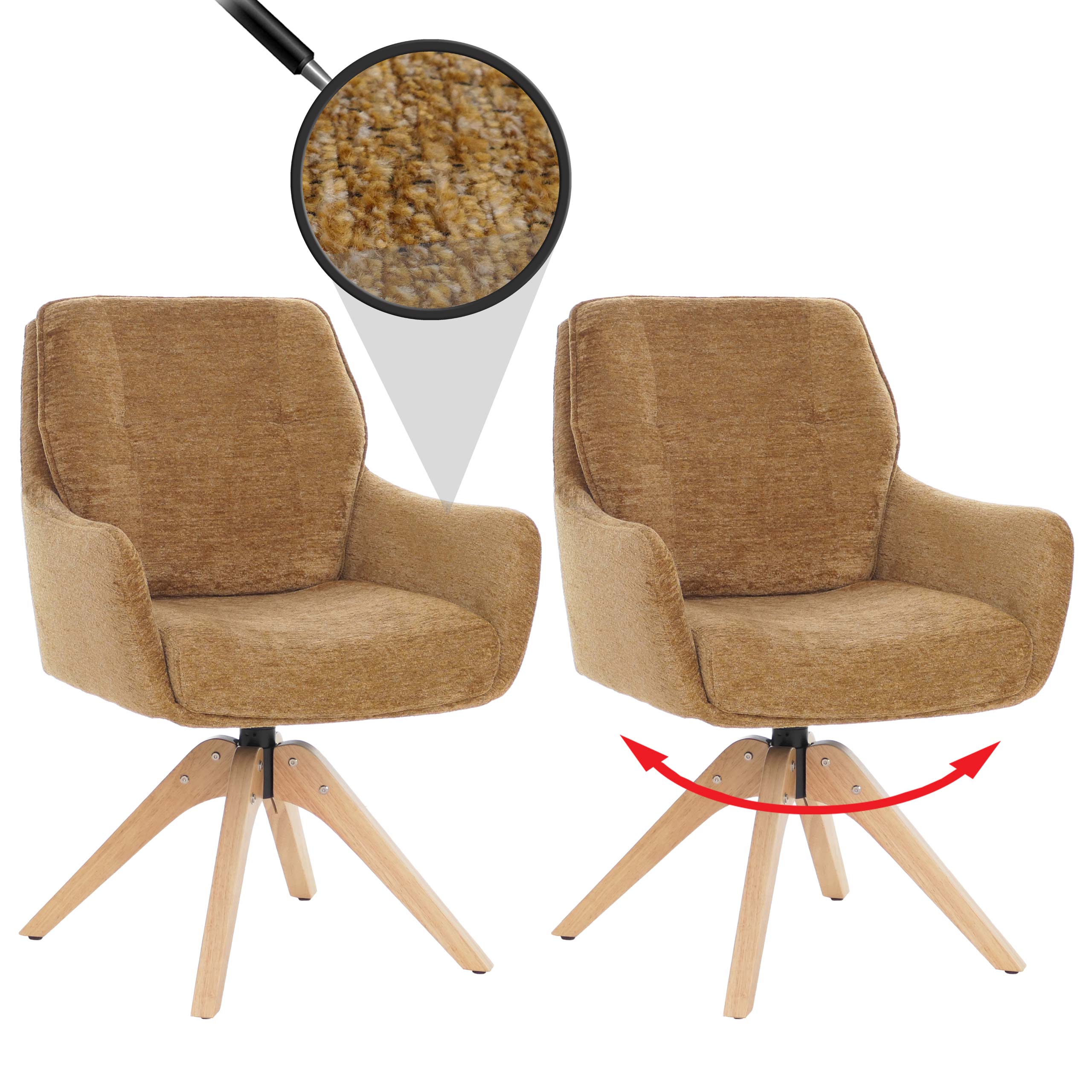 2er-Set Esszimmerstuhl MCW-Q37, K&uuml;chenstuhl drehbar Auto-Return, Stoff (680g/m&sup2;) Chenille &Ouml;ko-Tex Holz MVG ~ senfgelb 