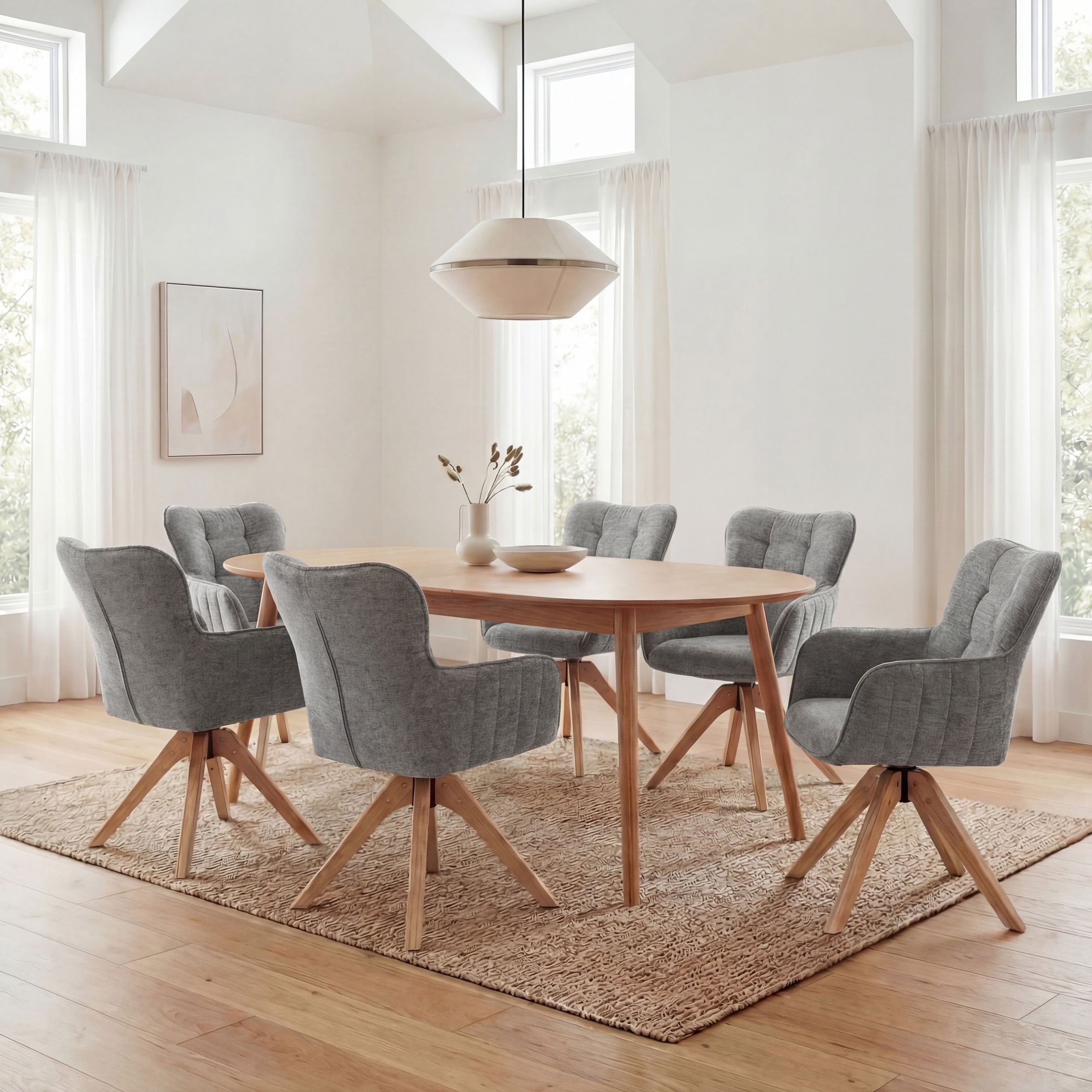 6er-Set Esszimmerstuhl MCW-Q35, K&uuml;chenstuhl Armlehne drehbar Auto-Return, Stoff Chenille (680g/m&sup2;) Holz MVG ~ grau 