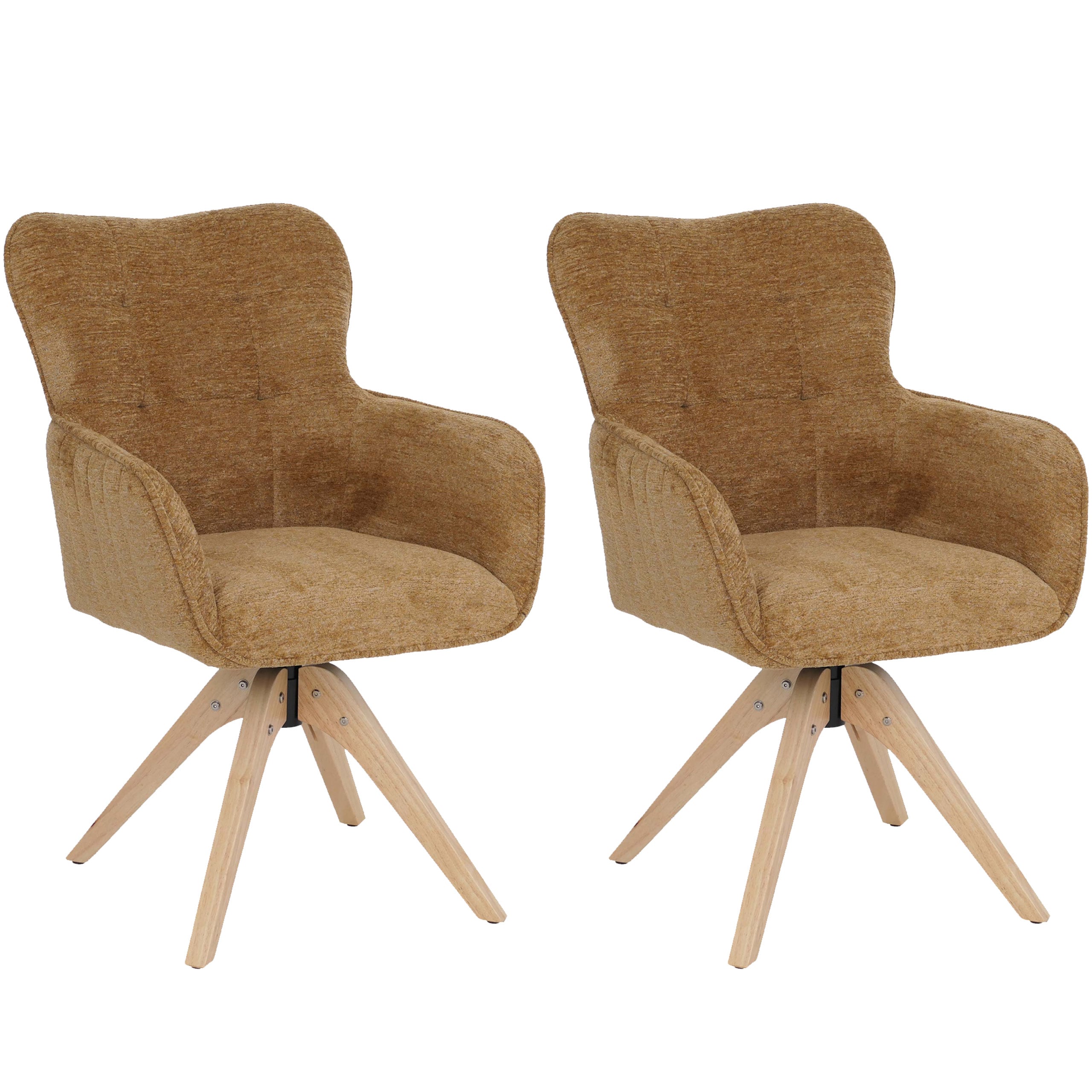 2er-Set Esszimmerstuhl MCW-Q35, K&uuml;chenstuhl Armlehne drehbar, Stoff Chenille (680g/m&sup2;) Holz MVG ~ senfgelb 