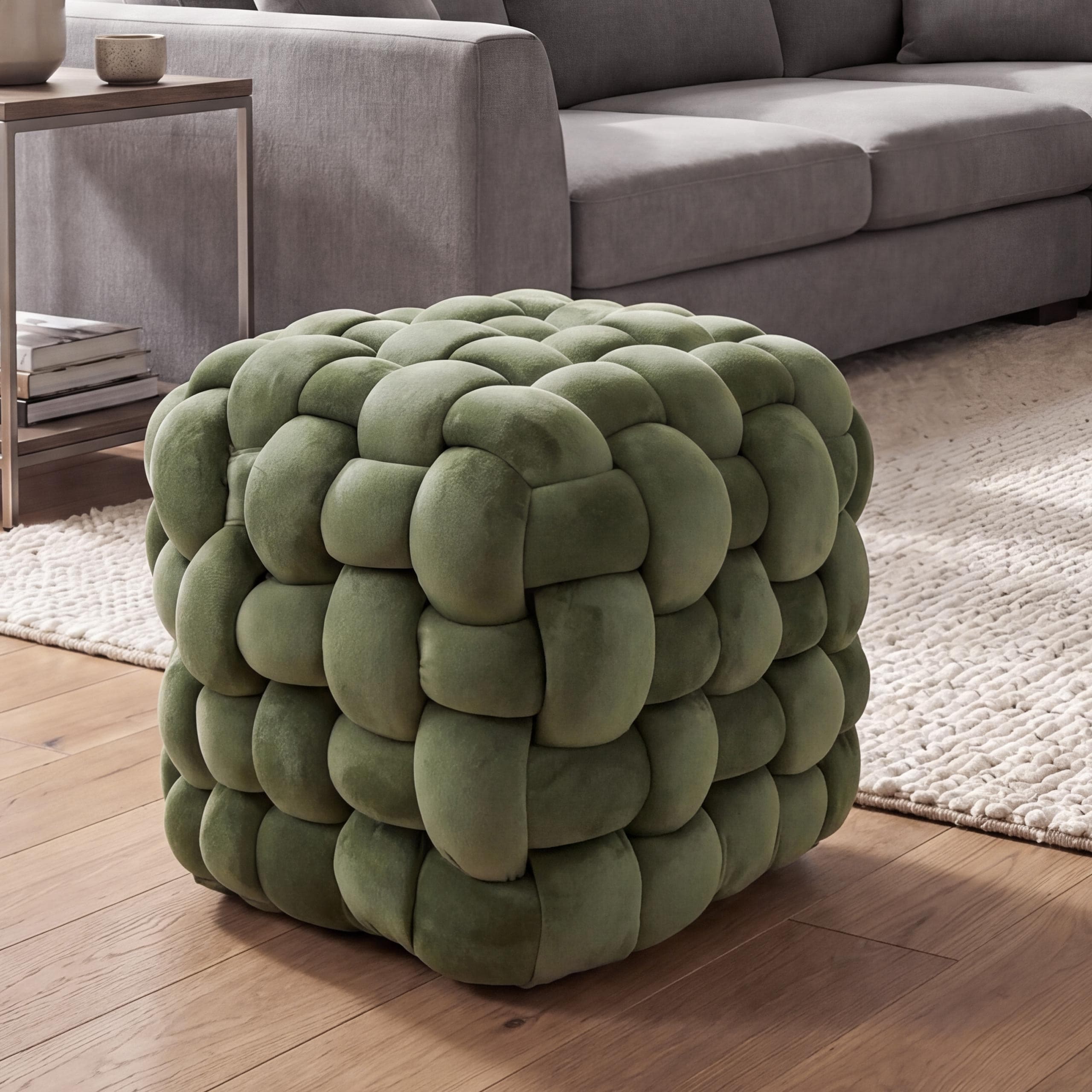 Hocker MCW-Q48, Sitzhocker Ottomane Polsterhocker Knoten-Pouf, Samt (220g/m&sup2;) 39cm ~ gr&uuml;n 