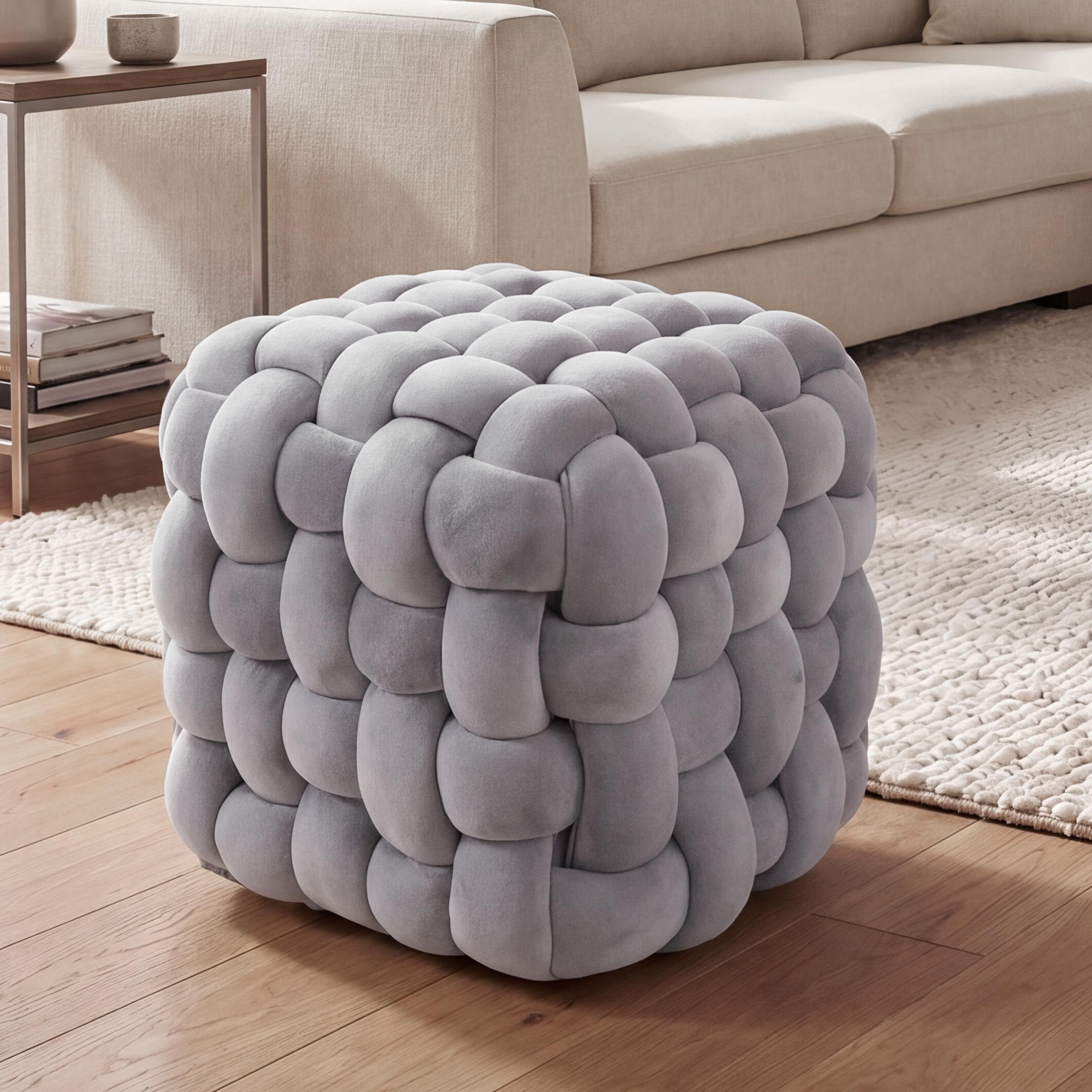 Hocker MCW-Q48, Sitzhocker Ottomane Polsterhocker Knoten-Pouf, Samt (220g/m&sup2;) 39cm ~ dunkelgrau 