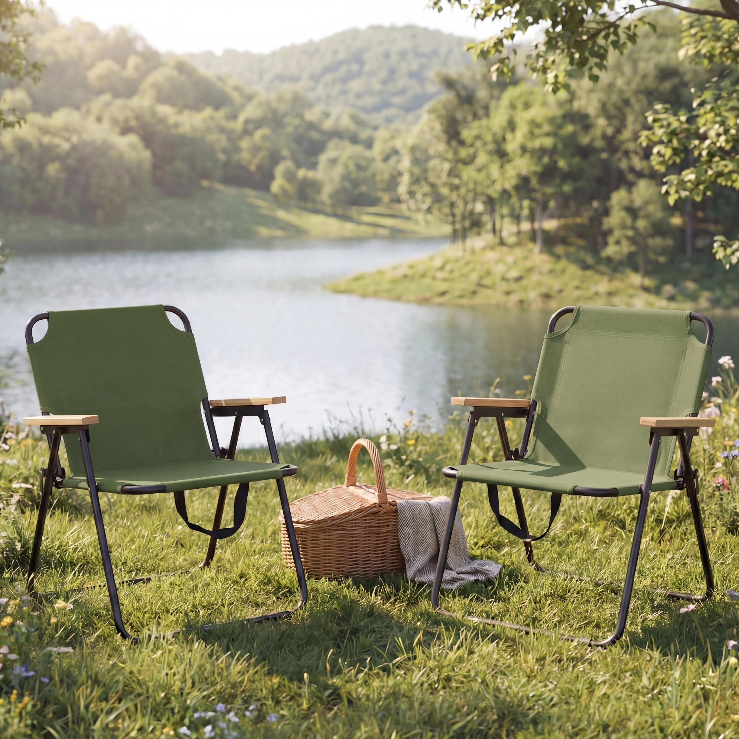 2er-Set Campingstuhl MCW-Q43, Gartenstuhl Balkonstuhl Freizeitstuhl, klappbar Bambus Metall Stoff/Textil ~ gr&uuml;n 