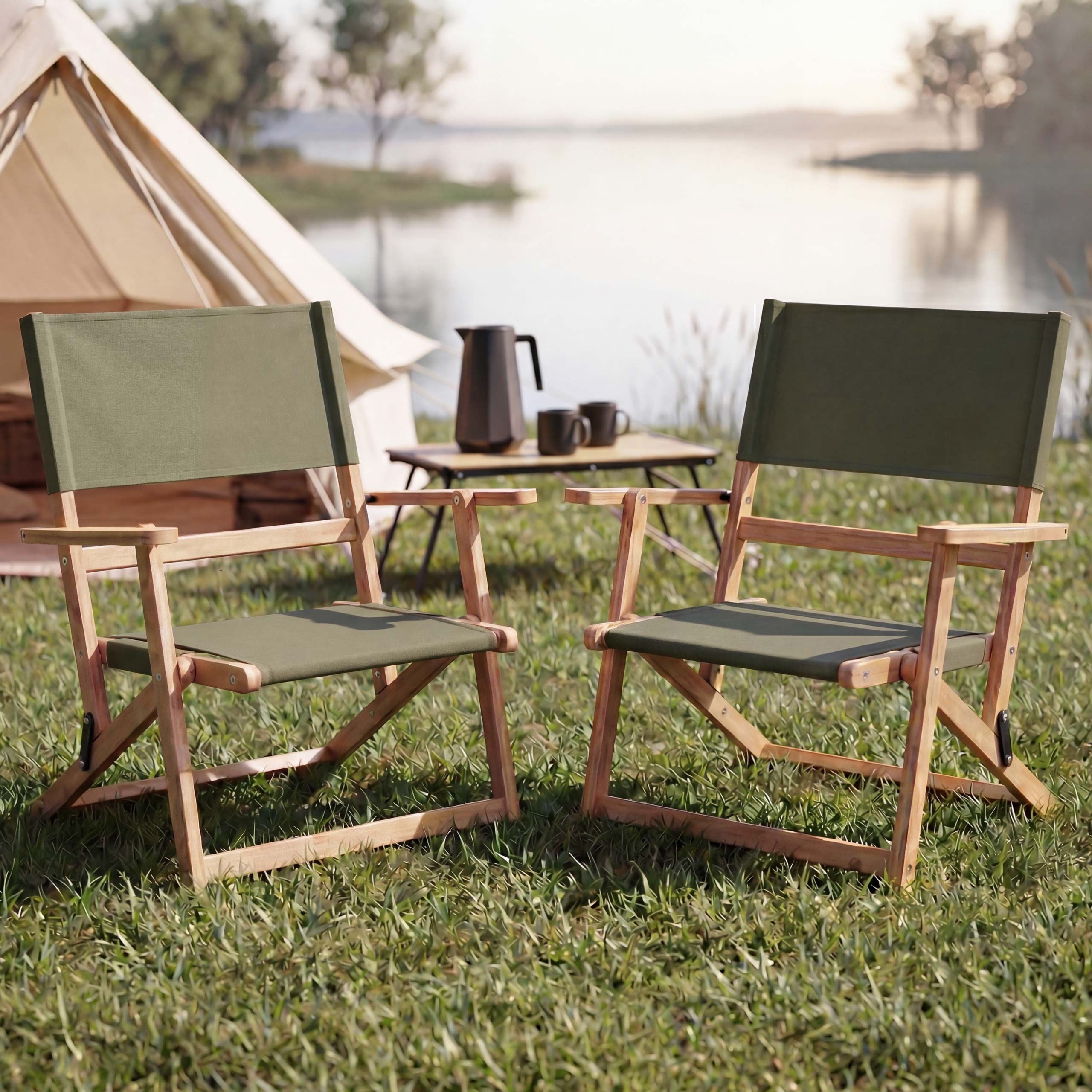 2er-Set Bambus Campingstuhl MCW-Q42, Gartenstuhl Balkonstuhl Freizeitstuhl klappbar Outdoor Stoff/Textil ~ gr&uuml;n 