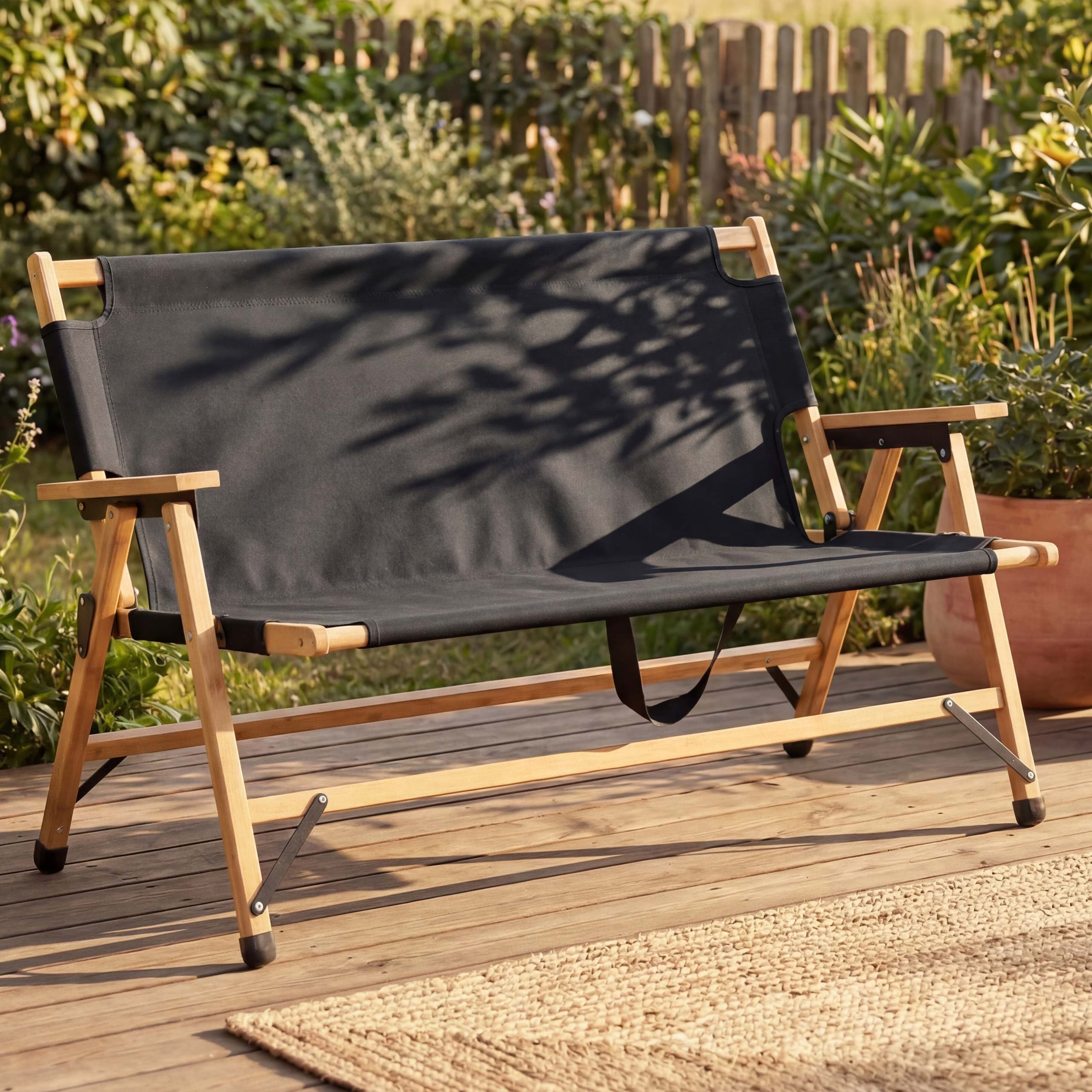 Bambus Campingbank MCW-Q40, Outdoorbank Picknickbank Gartenbank, klappbar Tragegriff Stoff/Textil 117cm ~ schwarz 