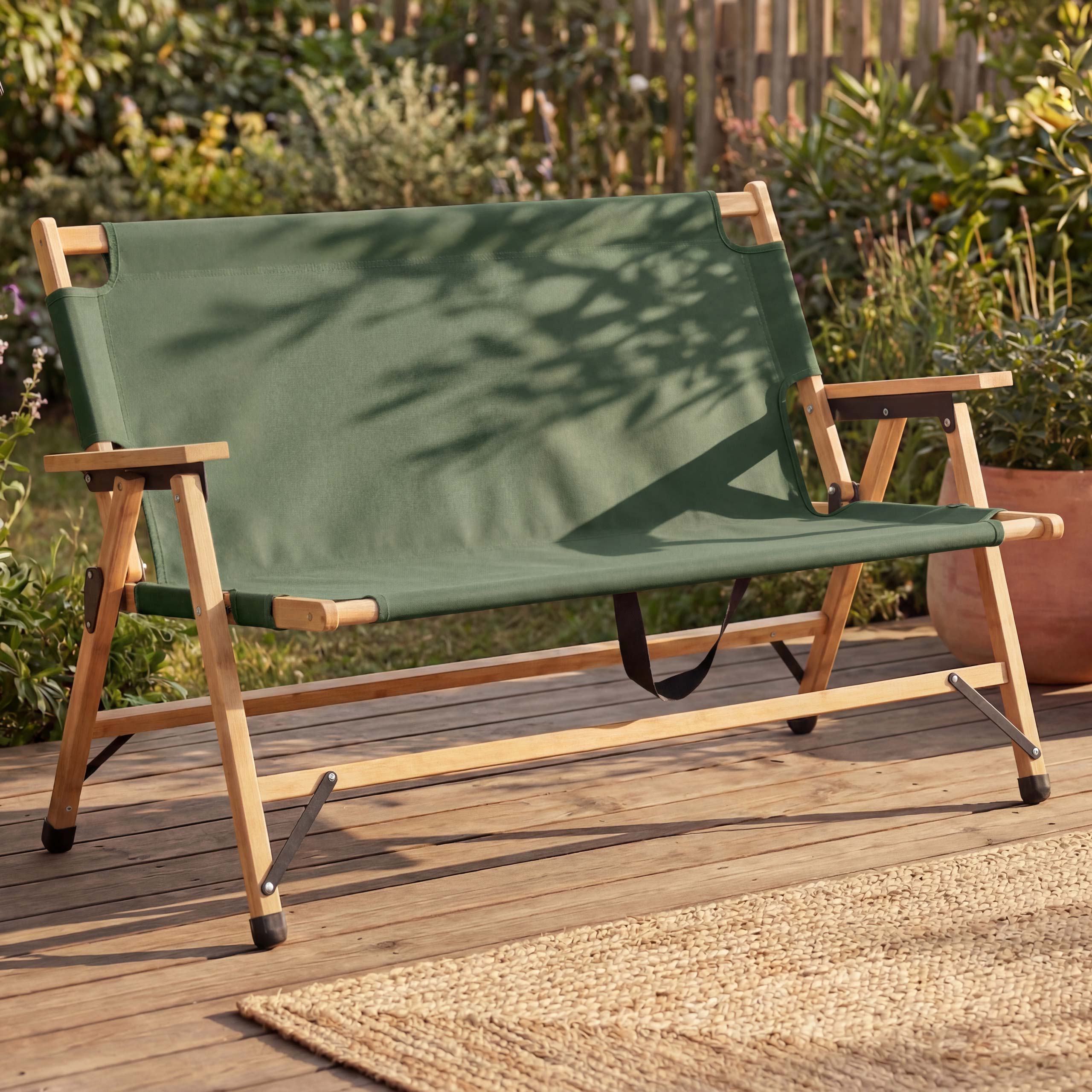 Bambus Campingbank MCW-Q40, Outdoorbank Picknickbank Gartenbank, klappbar Tragegriff Stoff/Textil 117cm ~ gr&uuml;n 