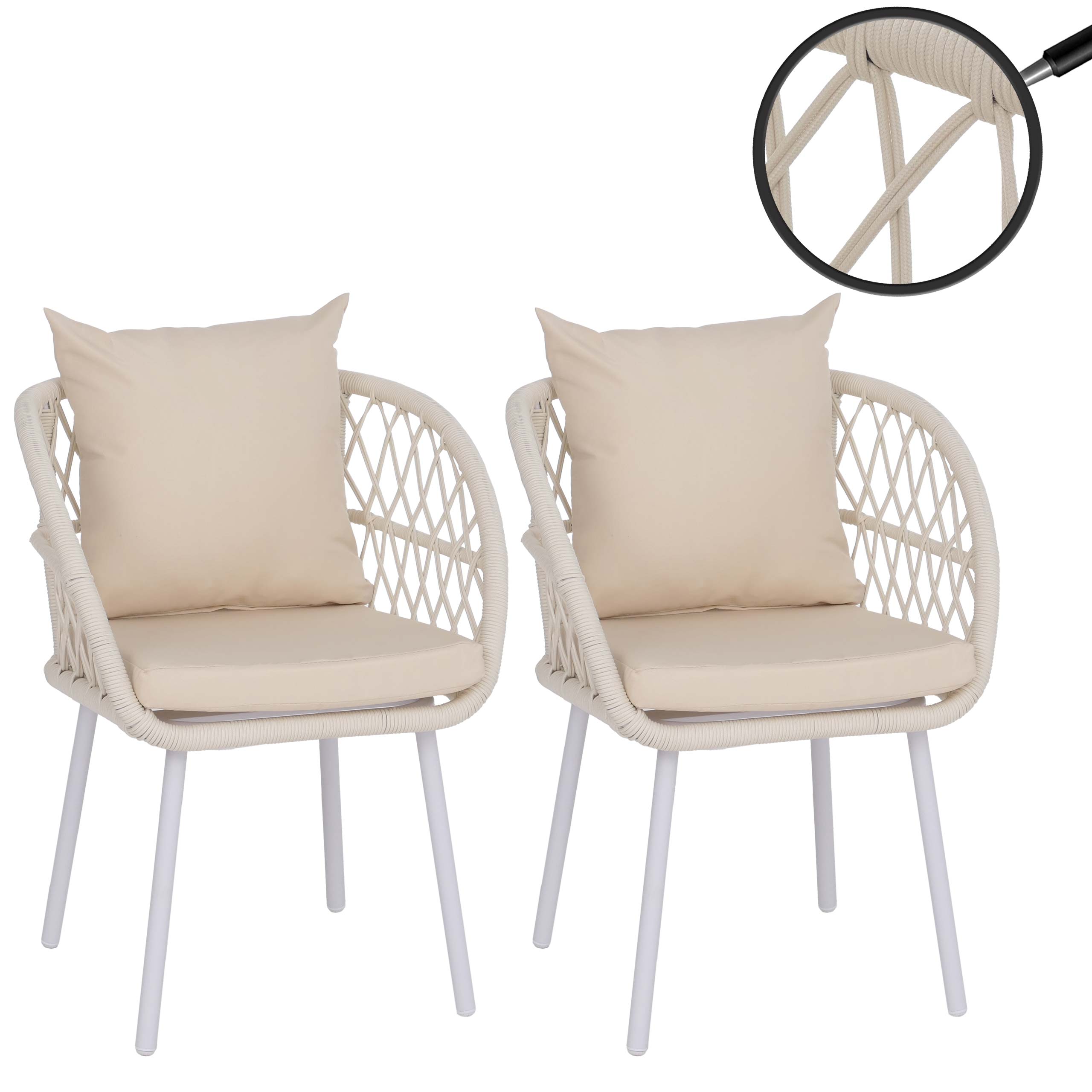 2er-Set Gartenstuhl MCW-Q38, Gartensessel Armlehne, Aluminium Seilgeflecht Rope ~ Gestell hellgrau, Polster creme 