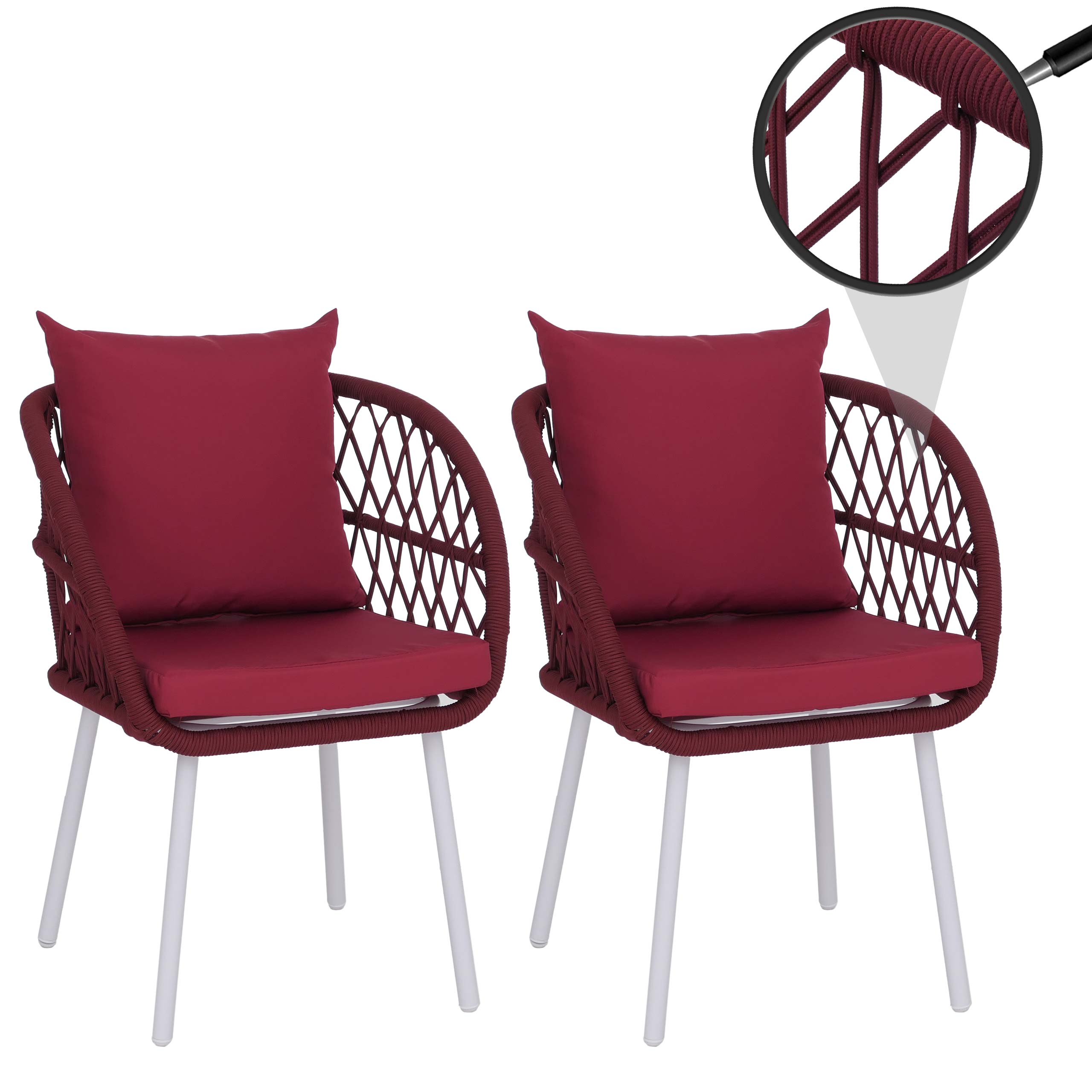 2er-Set Gartenstuhl MCW-Q38, Gartensessel Armlehne, Aluminium Seilgeflecht Rope ~ Gestell hellgrau, Polster bordeaux 