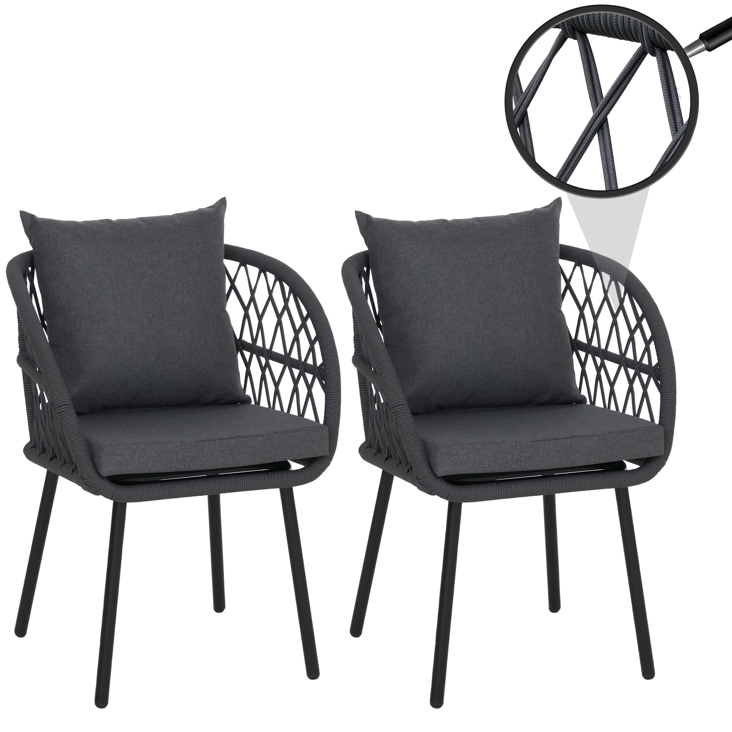 2er-Set Gartenstuhl MCW-Q38, Gartensessel Armlehne, Aluminium Seilgeflecht Rope ~ Gestell schwarz, Polster anthrazit 