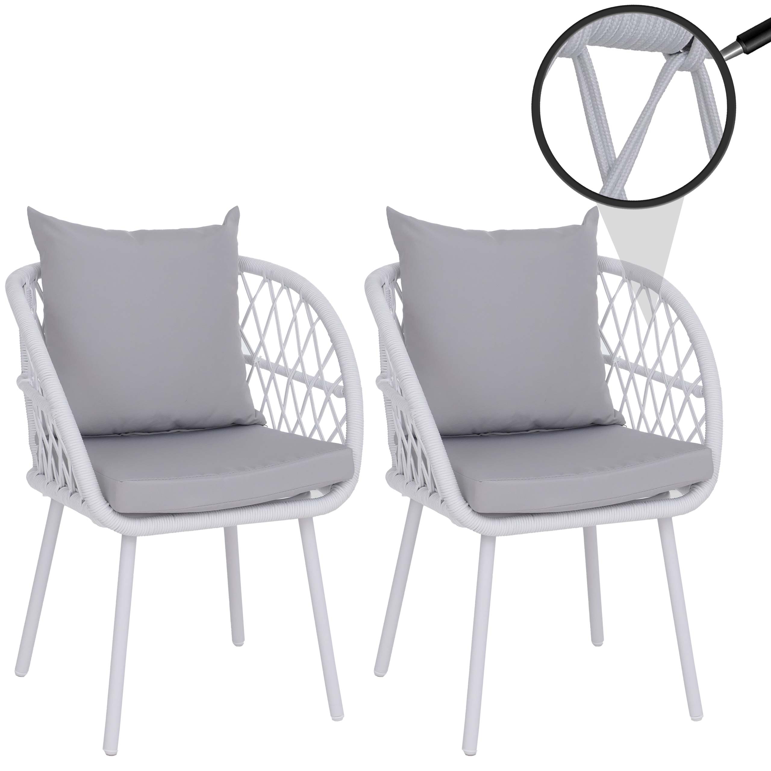 2er-Set Gartenstuhl MCW-Q38, Gartensessel Armlehne, Aluminium Seilgeflecht Rope ~ Gestell hellgrau, Polster hellgrau 