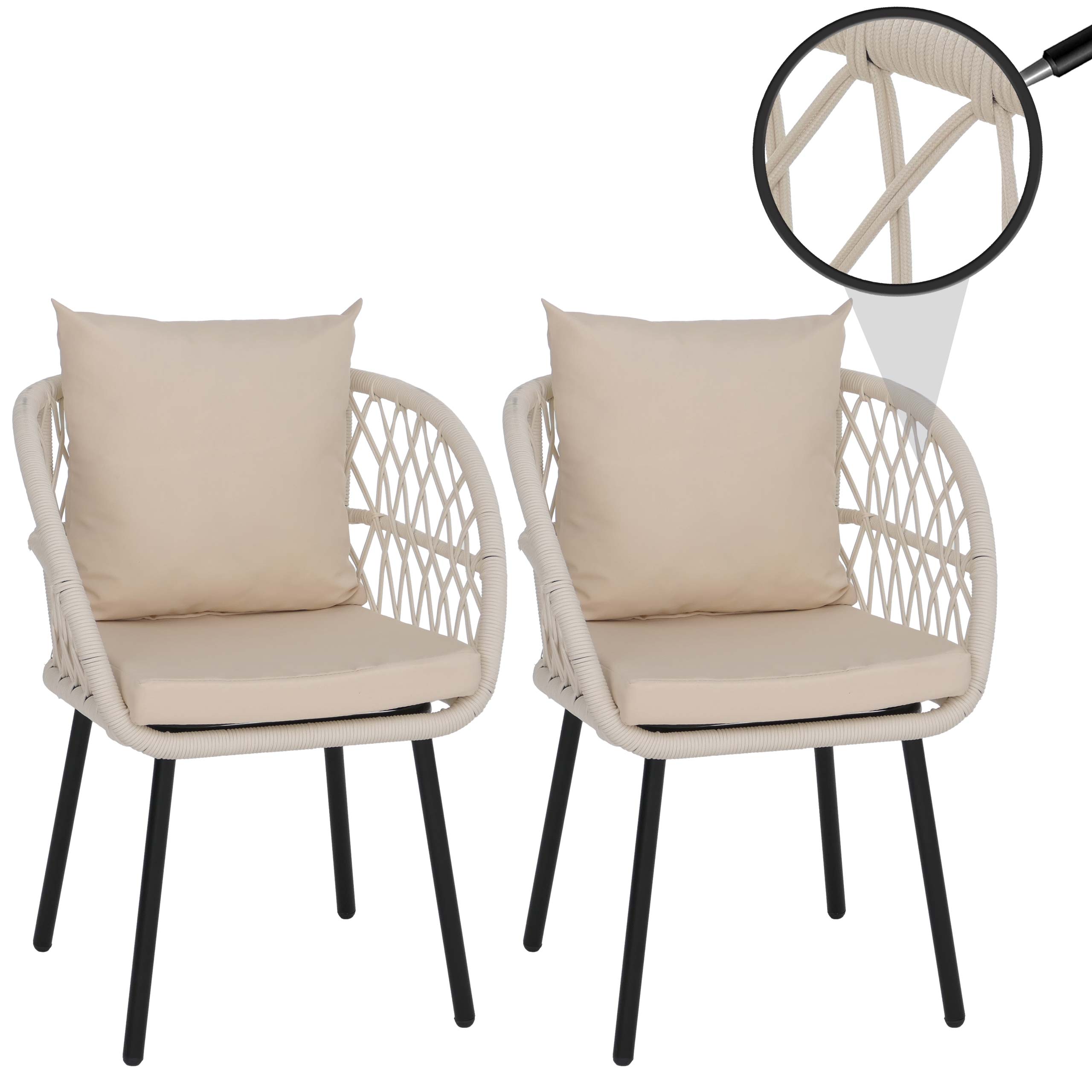 2er-Set Gartenstuhl MCW-Q38, Gartensessel Armlehne, Aluminium Seilgeflecht Rope ~ Gestell schwarz, Polster creme 