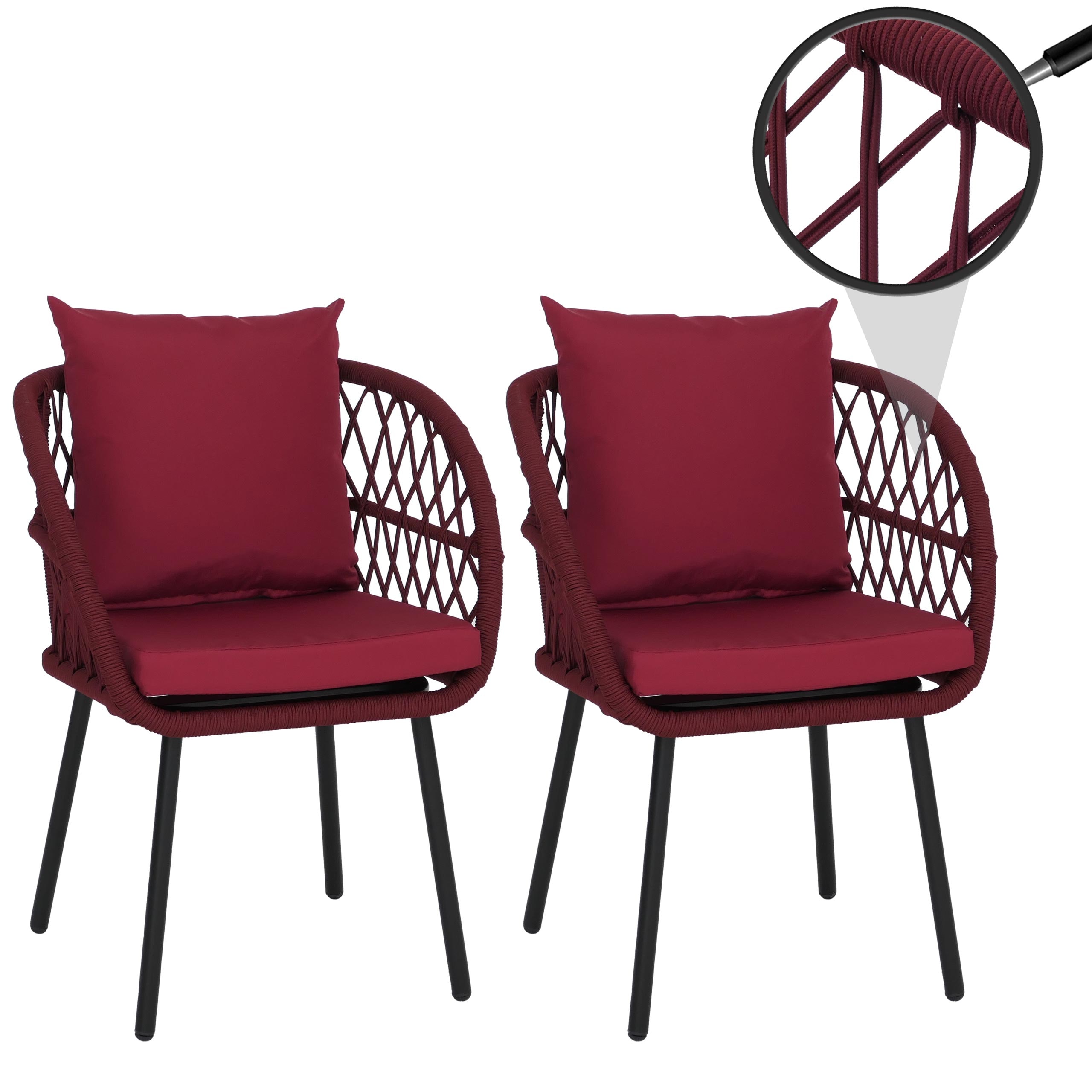 2er-Set Gartenstuhl MCW-Q38, Gartensessel Armlehne, Aluminium Seilgeflecht Rope ~ Gestell schwarz, Polster bordeaux 