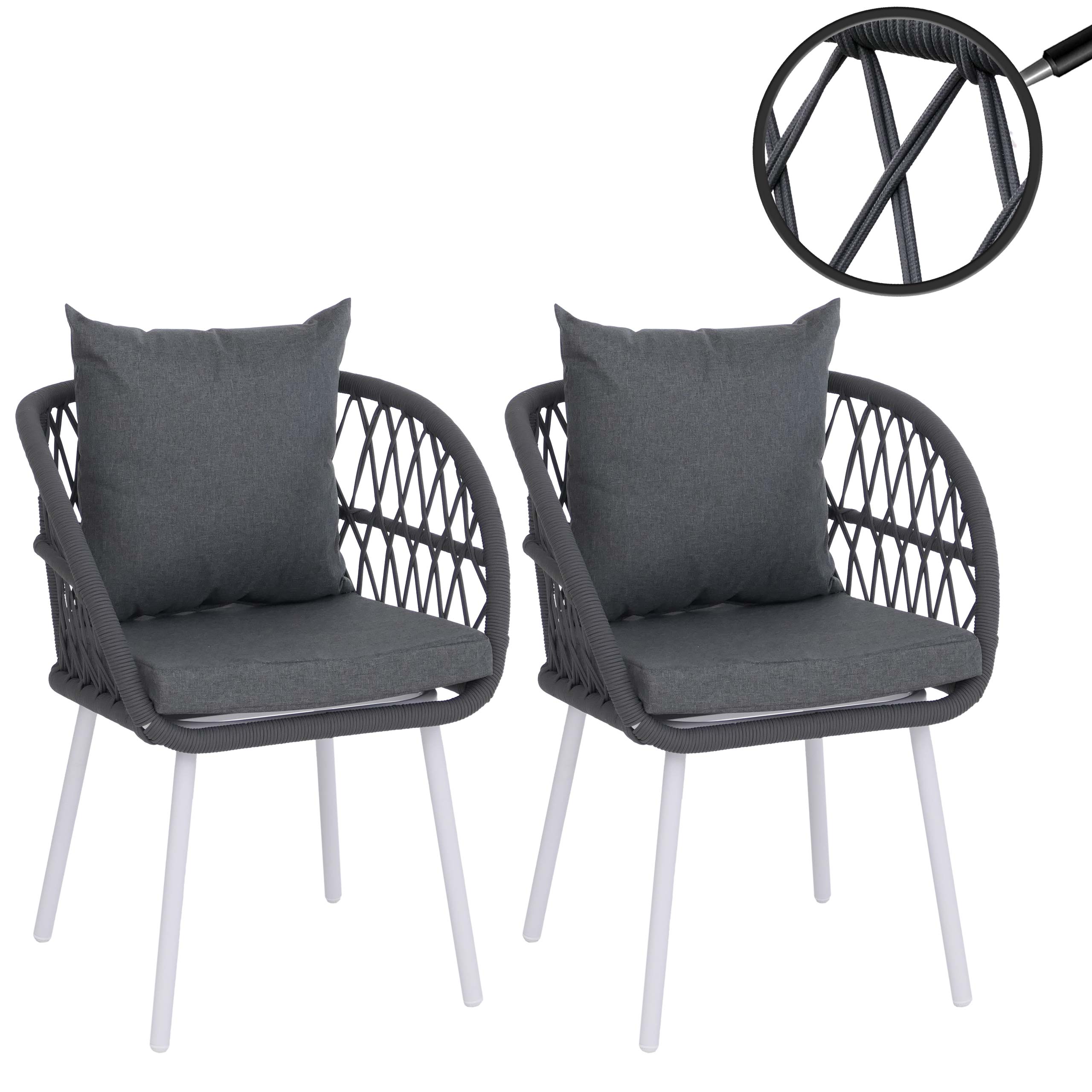 2er-Set Gartenstuhl MCW-Q38, Gartensessel Armlehne, Aluminium Seilgeflecht Rope ~ Gestell hellgrau, Polster anthrazit 